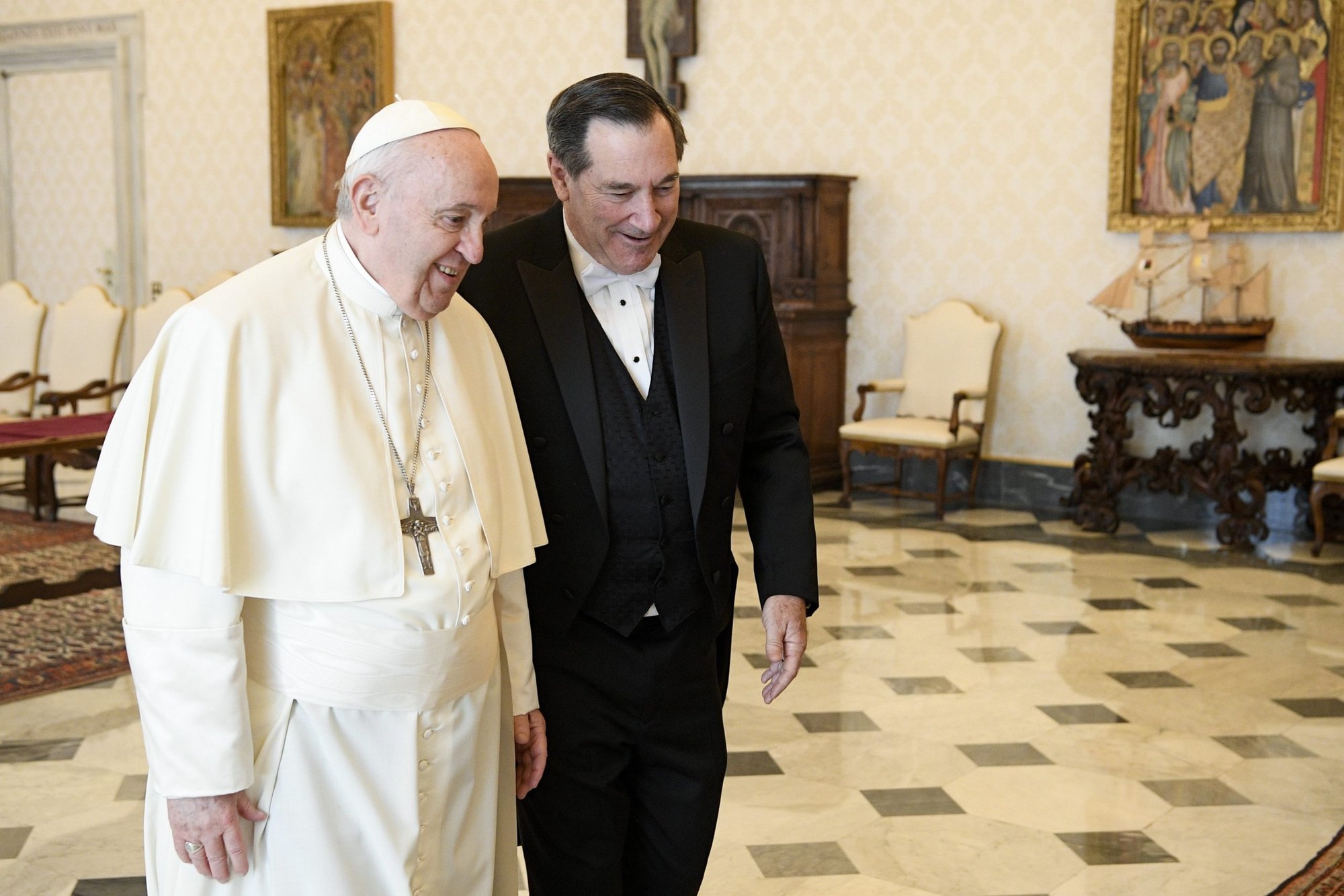 Pope Francis walks with Joe Donnelly, new U.S. ambassador to the Holy See, during a meeting for the ambassador to present his letters of credential, at the Vatican April 11, 2022. (CNS photo/Vatican Media)
