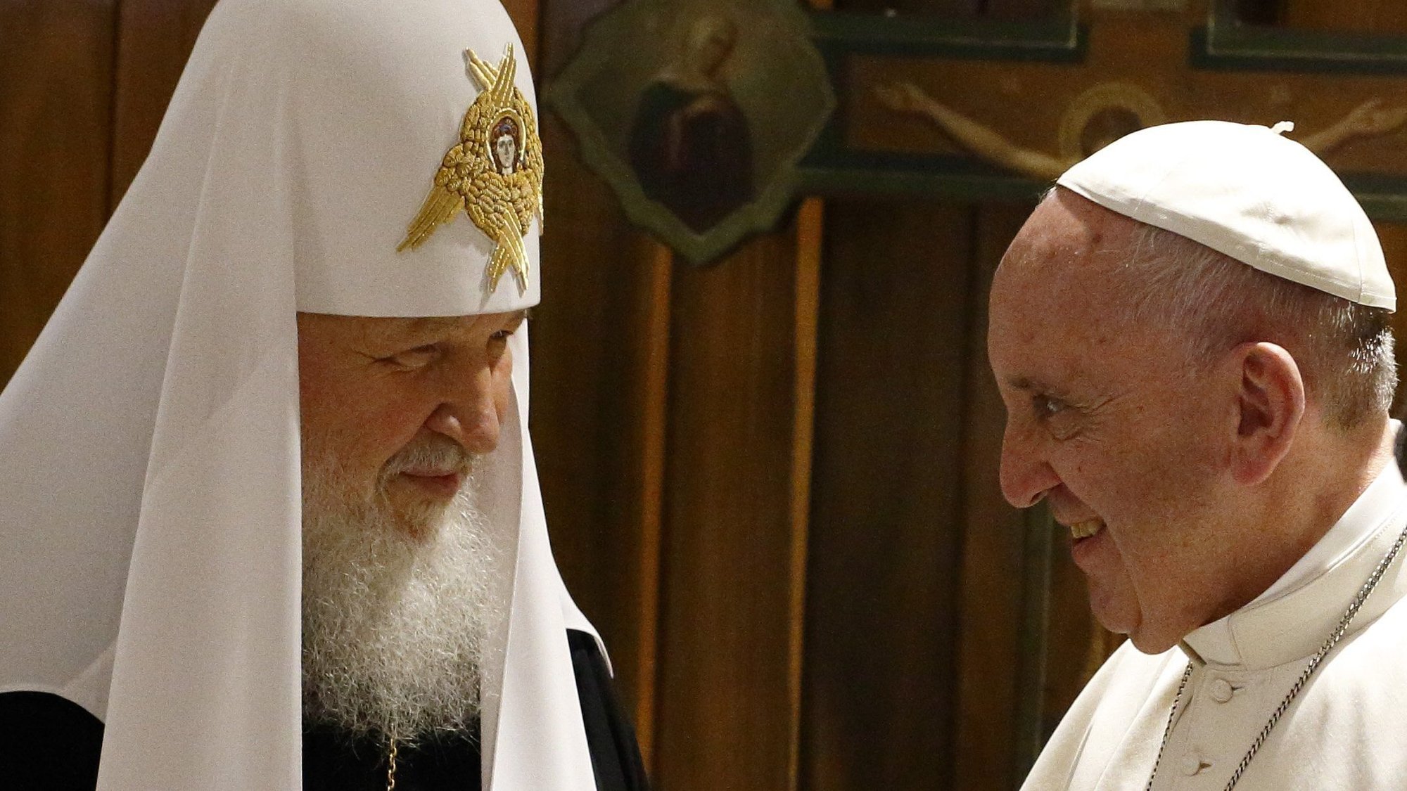 Russian Orthodox Patriarch Kirill of Moscow and Pope Francis smile during a meeting at Jose Marti International Airport in Havana in this Feb. 12, 2016, photo. Pope Francis told the Argentine paper La Nación April 21, 2022, that a meeting with the patriarch planned for June has been canceled out of concern it could cause "confusion." (CNS photo/Paul Haring)