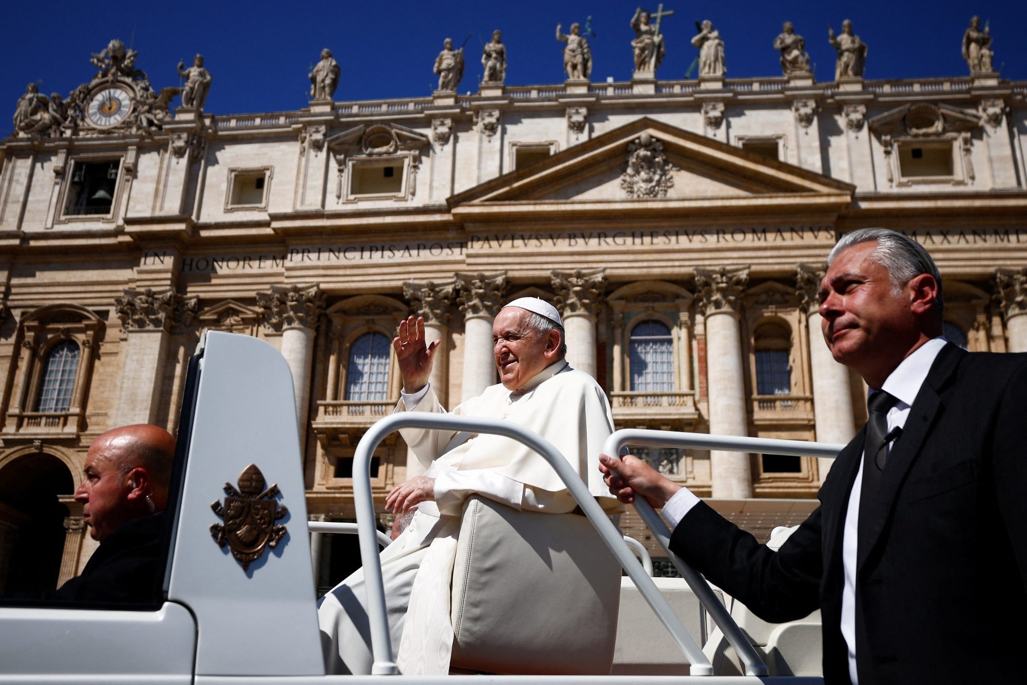 Pope Francis arrives for his general audience in St. Peter's Square at the Vatican April 27, 2022. (CNS photo/Guglielmo Mangiapane, Reuters)