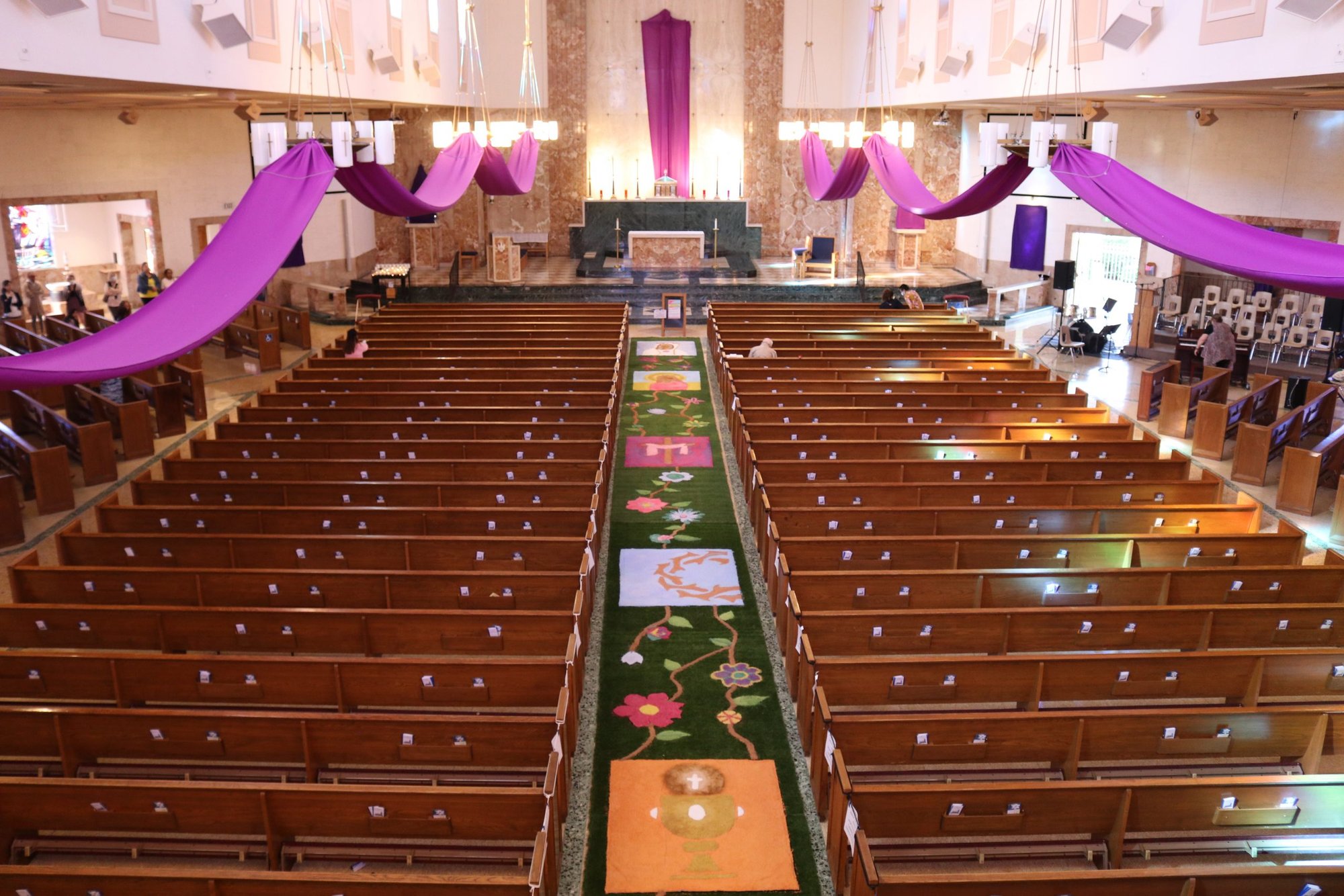 The 80-foot-long handcrafted “alfombra” at Our Lady of Grace Church in Encino. (Craig Scime/Our Lady of Grace)