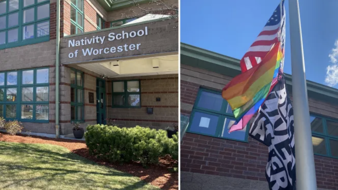 Nativity School of Worcester, a Jesuit middle school in the diocese of Worcester is risking its Catholic status by refusing to remove a gay pride flag and a Black Lives Matter flag from its flag pole, per the request of the local ordinary, Bishop Robert McManus. (Joe Bukuras/CNA)