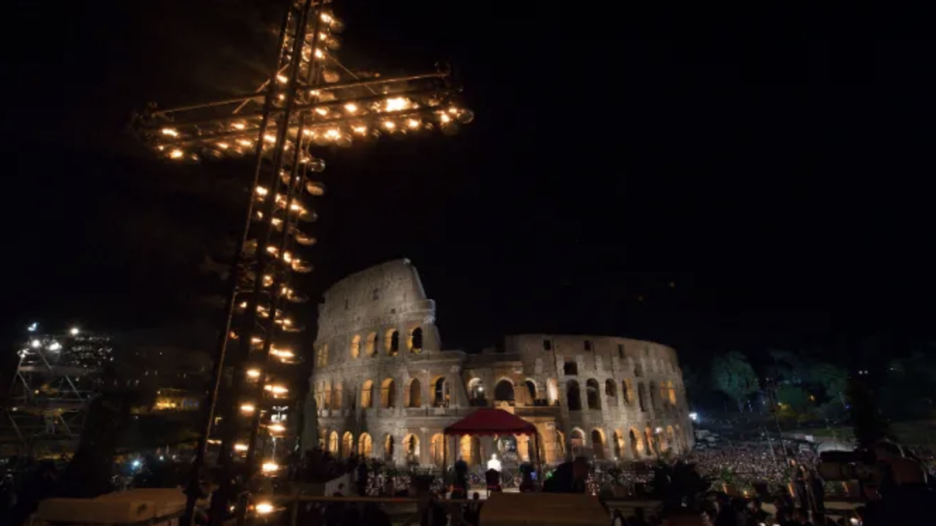 Pope Francis prays the Stations of the Cross at the Colosseum in Rome, Italy, on Good Friday, April 14, 2017. (Vatican Media via CNA)