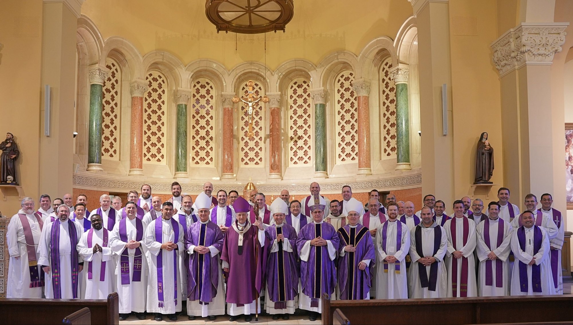 Priests and bishop gathered at the Mission of Our Lady of the Angels in Chicago for a retreat April 3-6, 2022. The priests will be part of a team of eucharistic preachers who will speak around the country about the Eucharist and the National Eucharistic Revival set for July 17-21, 2024. (CNS photo/courtesy National Eucharistic Revival, U.S. Conference of Catholic Bishops)