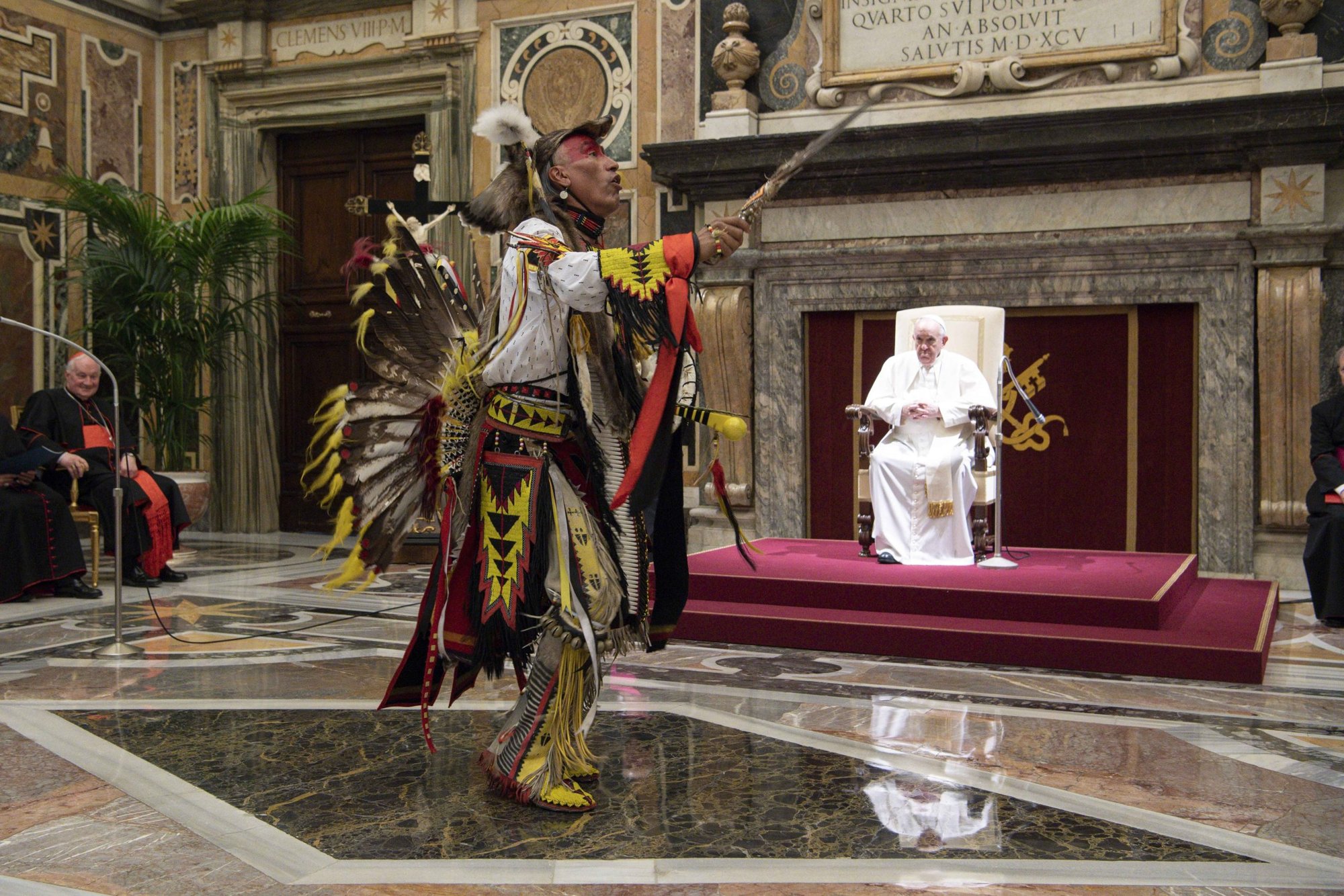 Kevin Scott, a First Nations dancer, performs for Pope Francis in the Vatican's Clementine Hall April 1, 2022. The pope will meet members of Canada's Indigenous communities in late July, visiting the cities of Edmonton, Alberta; Quebec; and Iqaluit, Nunavut, the country's most northern region. (CNS photo/Vatican Media)
