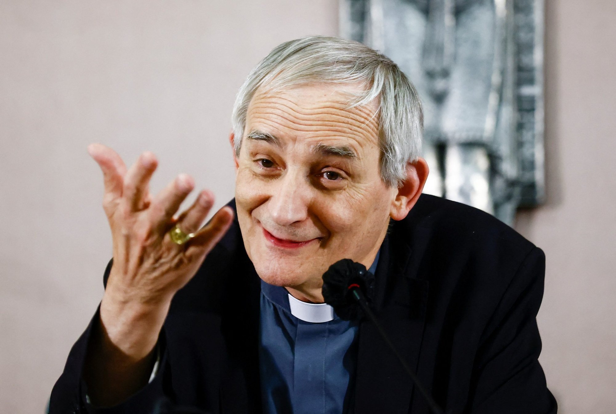 Cardinal Matteo Zuppi, president of the Italian bishops' conference, speaks during a news conference in Rome May 27, 2022, after members of the conference approved an audit of their child protection policies and a study of clerical sexual abuse in the country. (CNS photo/Yara Nardi, Reuters)