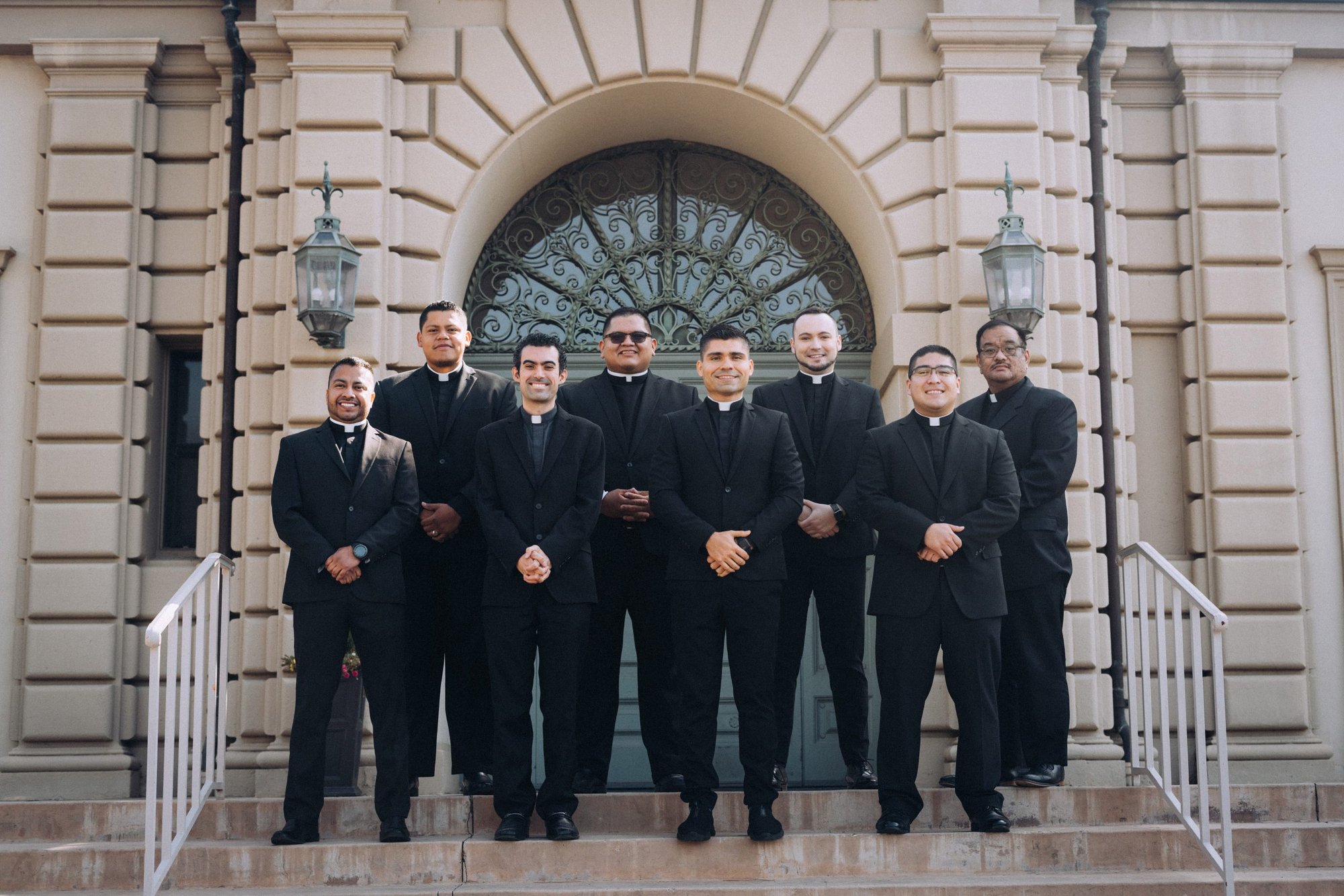 The eight transitional deacons to be ordained to the priesthood on June 4, 2022, pictured at St. John's Seminary in Camarillo. (Peter Lobato)