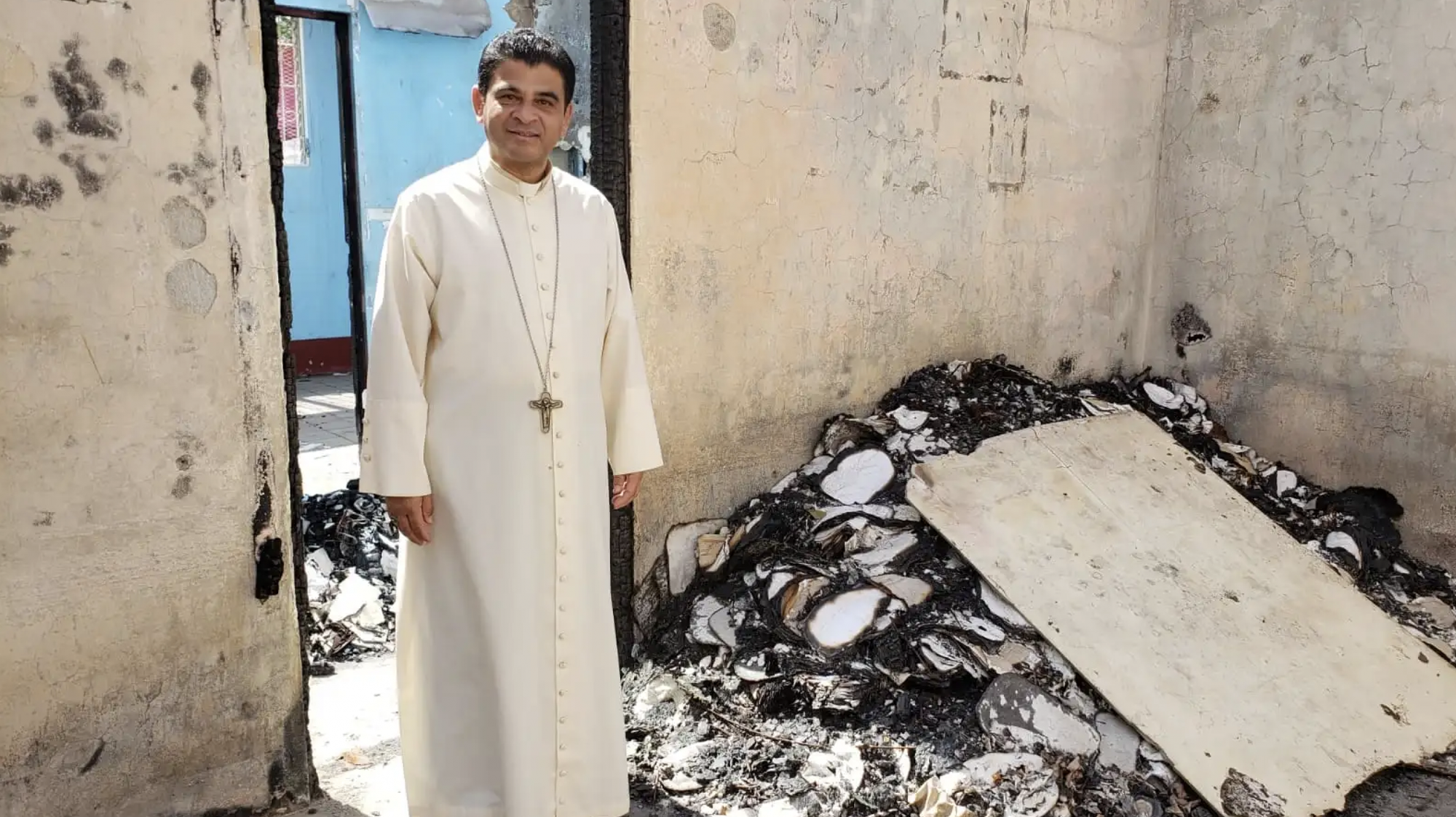 Bishop Rolando Alvarez of Matagalpa, in the charitable Caritas agency’s center that was burned down in a fire ignited by pro-government forces earlier this year. Picture taken in mid-November. (Inés San Martín/Crux)