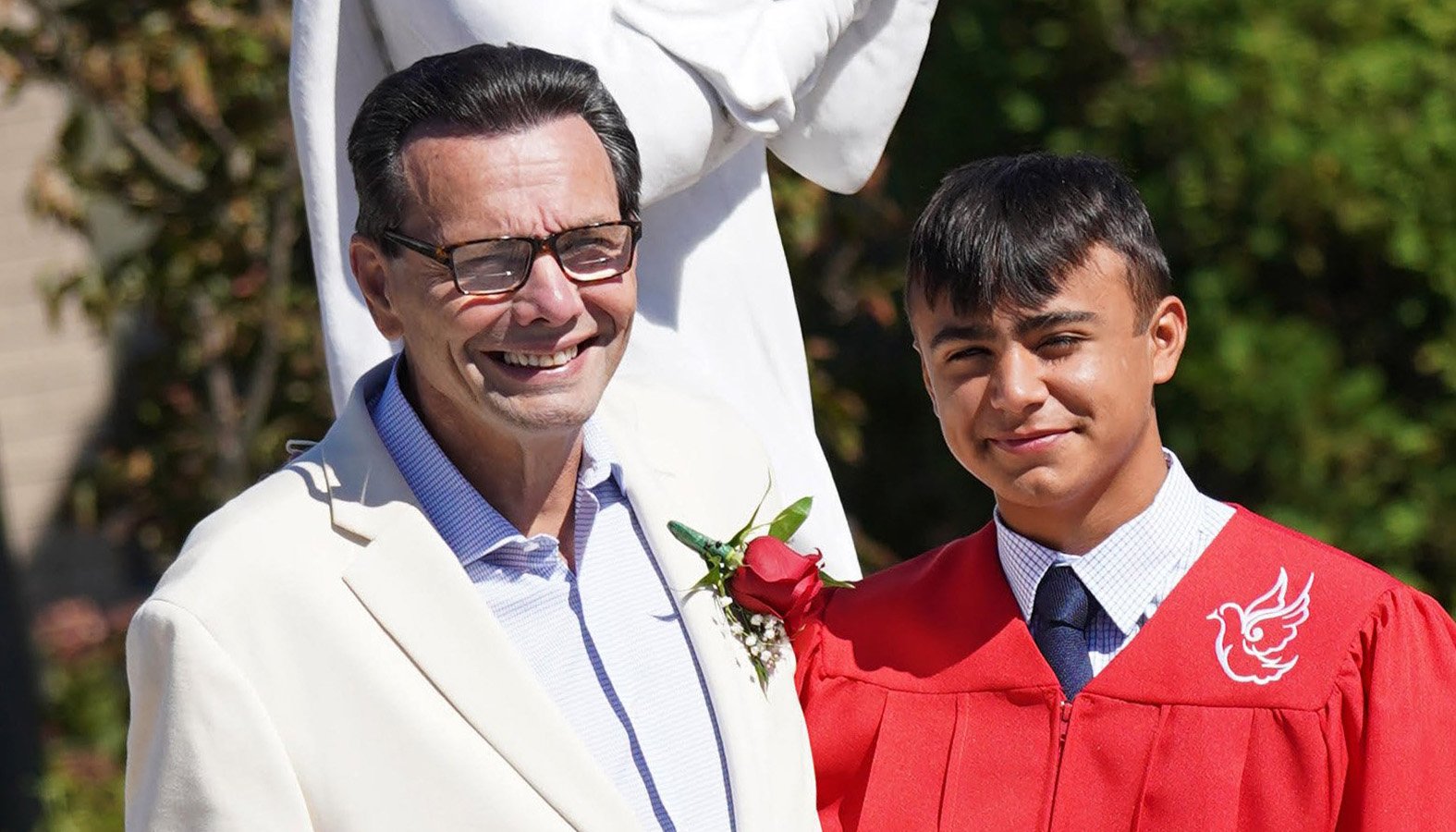 Nicholas Capizzi poses with his grandfather and sponsor Louis Grottano prior to receiving the sacrament of confirmation at Maria Regina Church in Seaford, New York, on Aug. 20, 2020. (CNS photo/Gregory A. Shemitz)