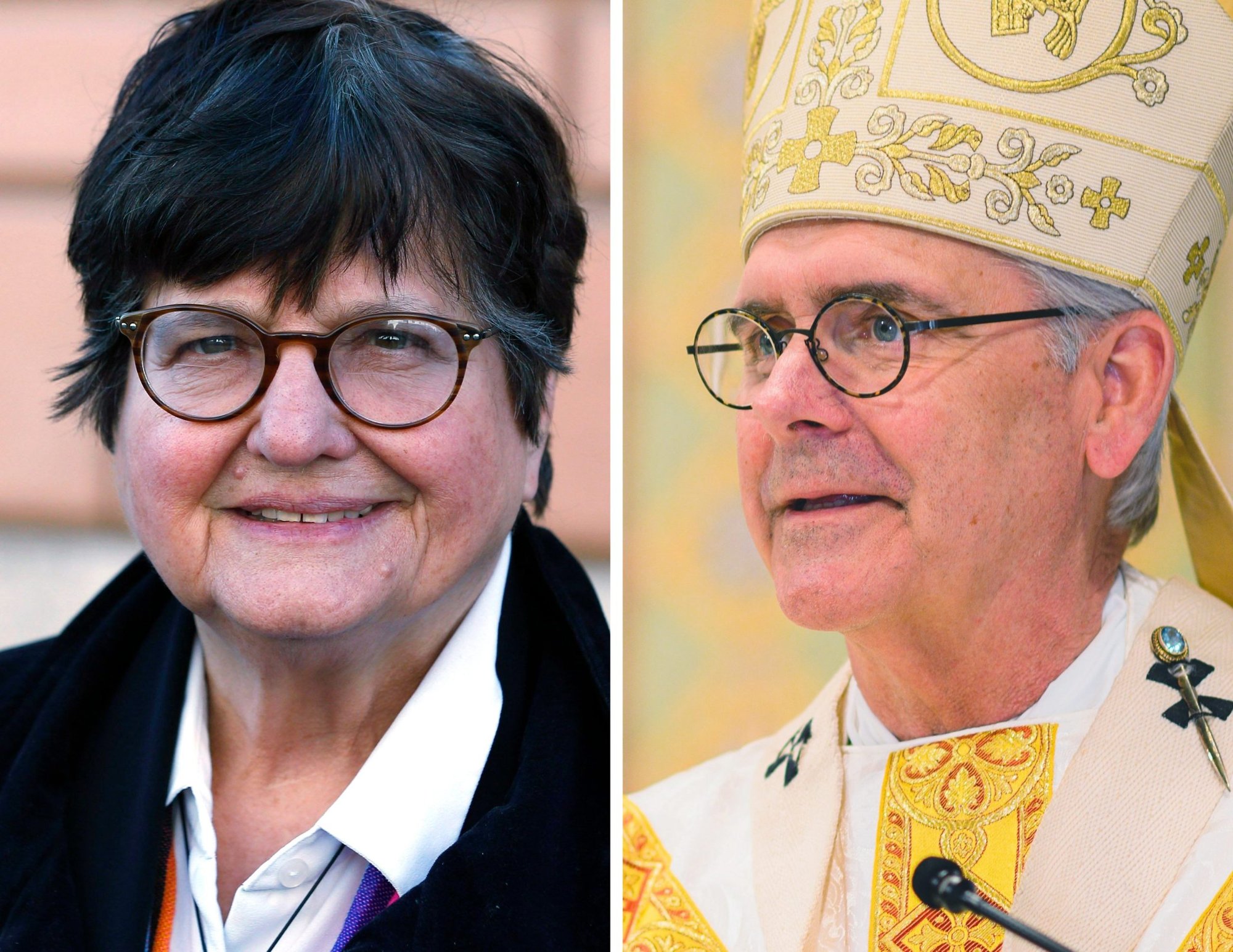 Sister Helen Prejean, a Sister of St. Joseph of Medaille, and Archbishop Paul S. Coakley of Oklahoma City are seen in this composite photo. (CNS composite; photos by Paul Haring and Archdiocese of Oklahoma City)