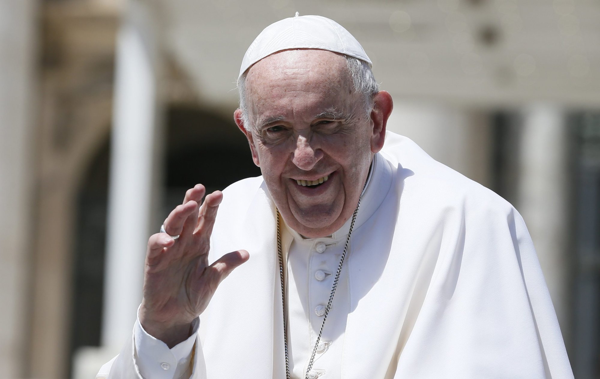 Pope Francis waves as he leaves his general audience in St. Peter's Square at the Vatican June 8, 2022. (CNS photo/Paul Haring)