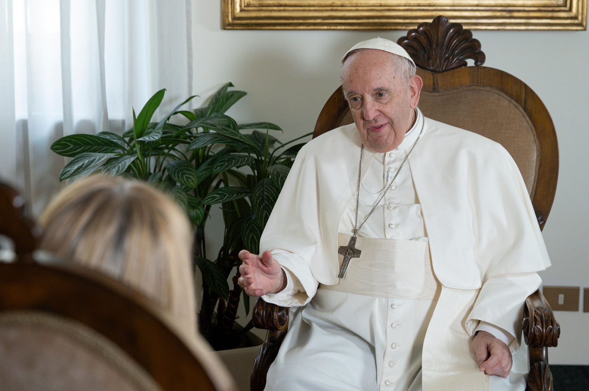 Pope Francis answers questions posed by Bernarda Llorente, the president of Télam, the Argentine news agency, during an interview June 20, 2022, in the Domus Sanctae Marthae where the pope lives. The interview was released July 1. (CNS photo/Vatican Media)