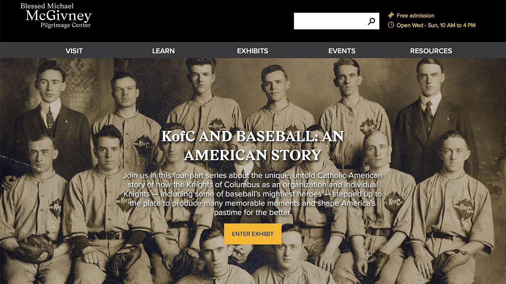 This is a screen grab from the website of the Blessed Michael McGivney Pilgrimage Center highlighting "KofC and Baseball: An American Story." The online exhibit sponsored by the Knights of Columbus shows some of the many connections between the Catholic fraternal organization and the national pastime. (CNS screen grab)