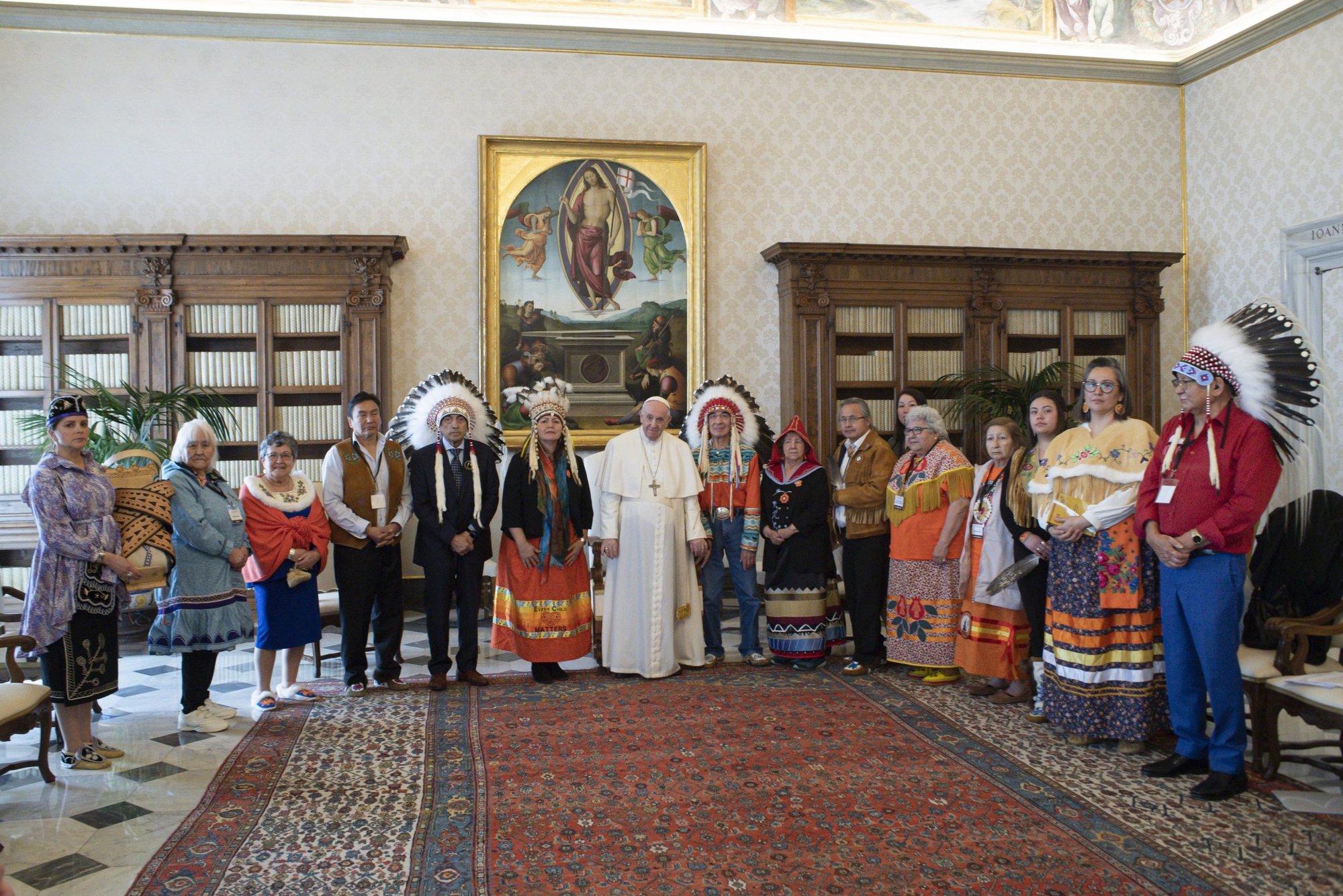Pope Francis is pictured with Indigenous delegates from Canada's First Nations during a meeting at the Vatican in this March 31, 2022, file photo. The pope is expected to apologize directly to Indigenous peoples during his July 24-29 visit to Canada. (CNS photo/Vatican Media)