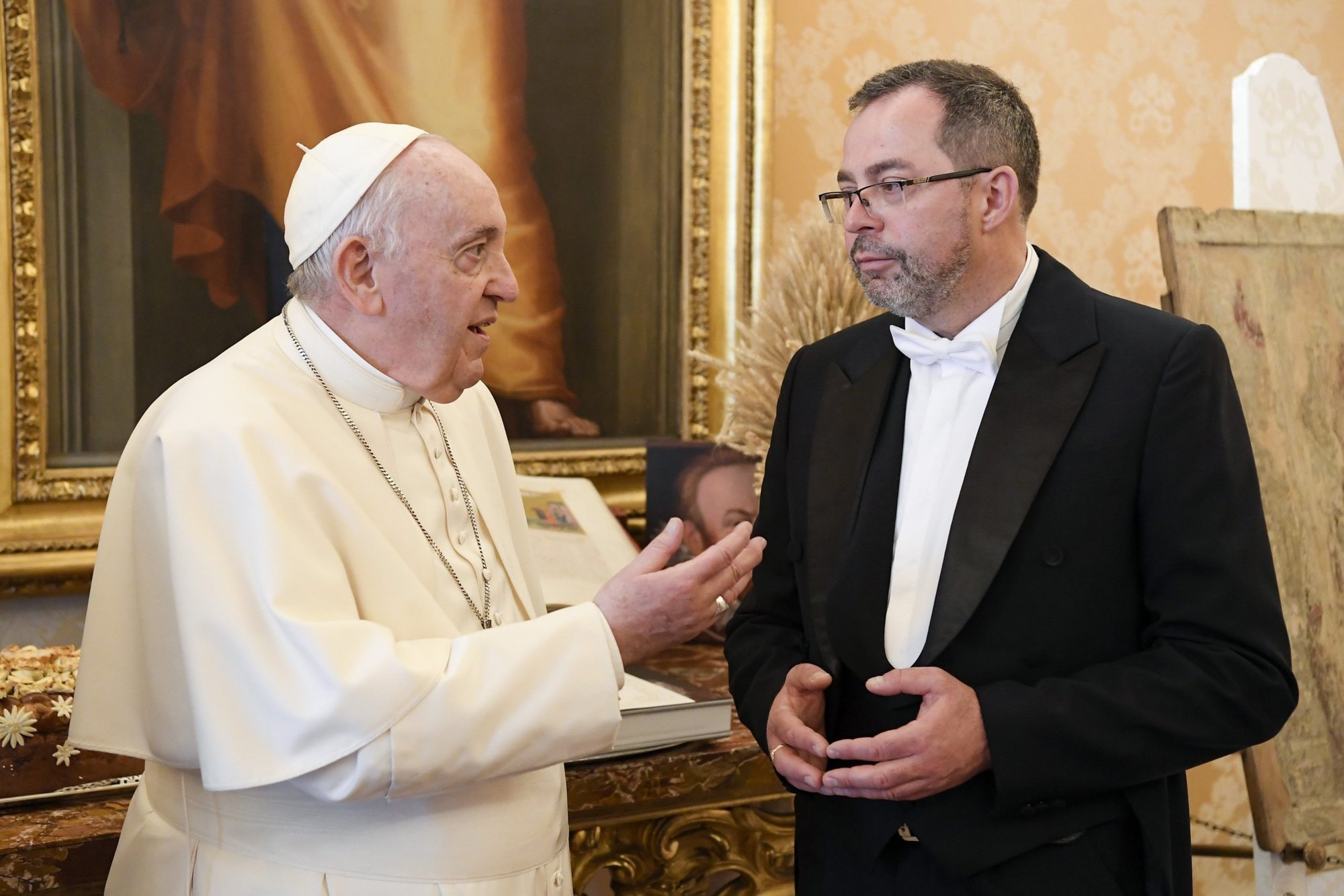 Pope Francis speaks with Andrii Yurash, Ukraine's ambassador to the Holy See, during a meeting for the ambassador to present his credentials to the pope at the Vatican in this April 7, 2022, file photo. In an interview with Catholic News Service, the ambassador spoke about the current situation in his country, the possibility of a papal trip to Kyiv and the effect the war has had on relations between the Catholic Church and the Russian Orthodox Church. (CNS photo/Vatican Media)