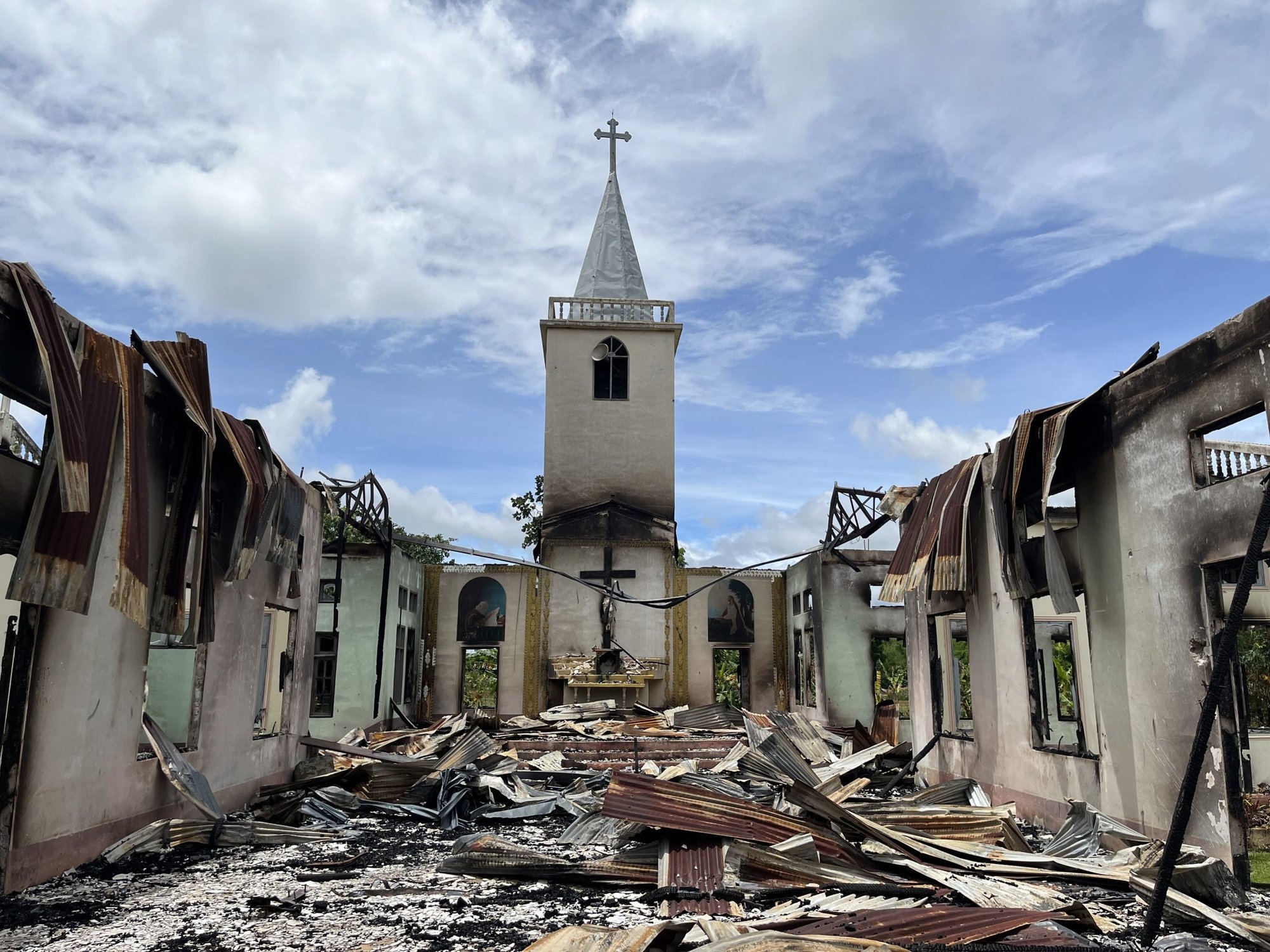 The destroyed St. Matthew Church is pictured in Myanmar's eastern Kayah State in Daw Ngay Ku village June 27, 2022. The church was reportedly blown up by landmines and torched by Myanmars military junta. (CNS photo/courtesy Amnesty International)