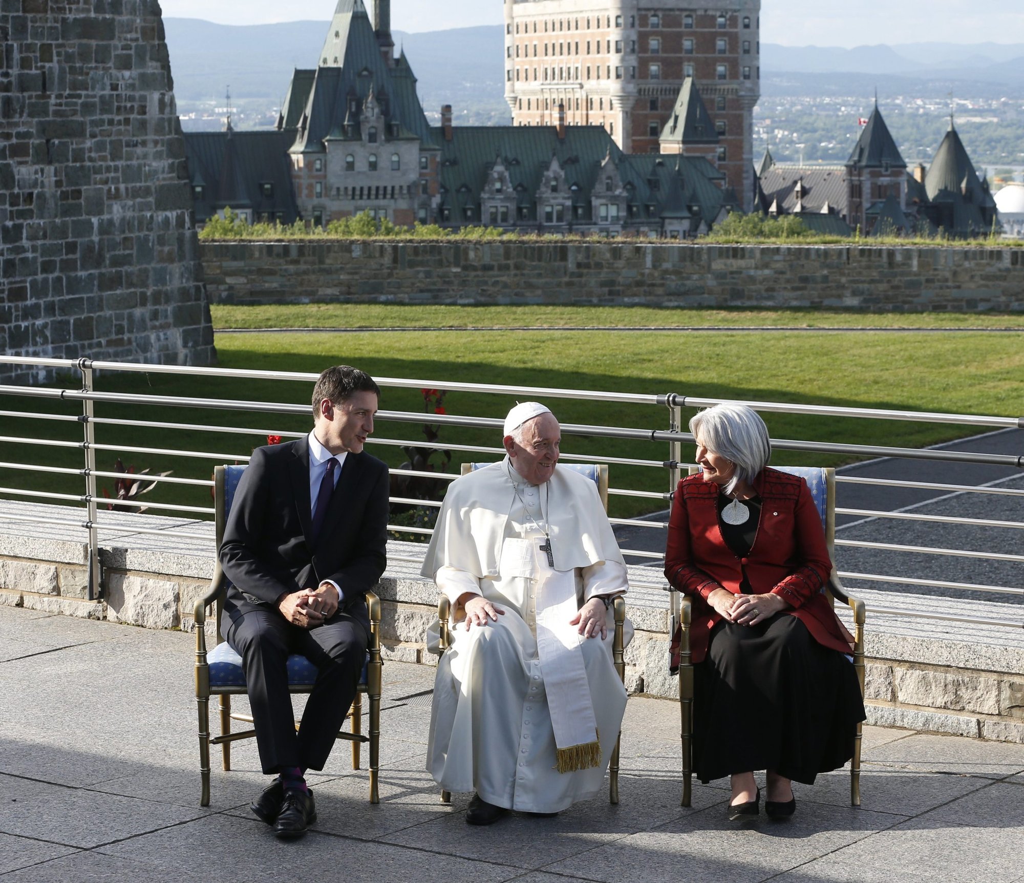 Pope Francis talks with Canadian Prime Minister Justin Trudeau and Mary Simon, governor general of Canada, at Citadelle de Quebec, the residence of the governor general in Quebec City July 27, 2022. (CNS photo/Paul Haring)