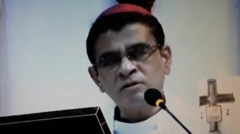 Detained Nicaraguan Bishop Rolando José Álvarez of Matagalpa appears in a video Aug. 11, 2022, a week into his de facto house arrest by government authorities, saying that he and the companions who are with him have hearts full of forgiveness and love. (CNS screenshot/Twitter)