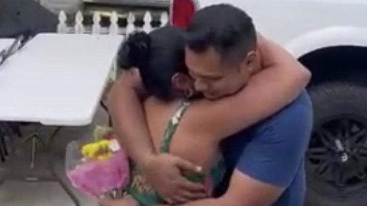 Jorge Alvarenga and his mother hug at a family member's home near Washington July 31, 2022, after being separated for 17 years. Alvarenga's mother migrated to the U.S. from their native El Salvador for economic reasons and thanks to a course on Catholic social doctrine her son attended in Washington, she was able to travel from a nearby state to see him briefly after his classes ended. (CNS photo/Rhina Guidos)