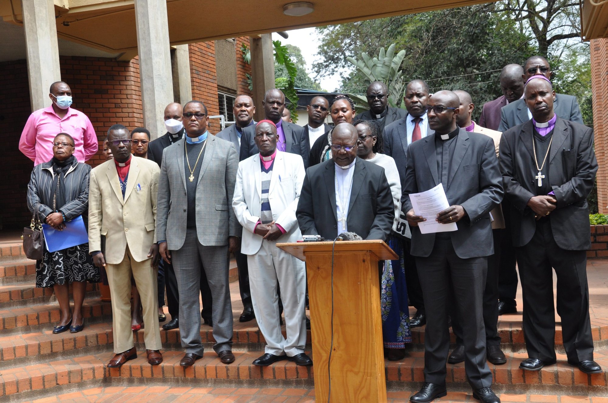 Senior religious leaders from the Kenya Conference of Catholic Bishops and the National Council of Churches of Kenya address journalists in Nairobi, Kenya, July 25, 2022, after meeting to review the country's readiness for the Aug. 9 elections. Kenya's Catholic bishops have called for peace after a dispute emerged in the presidential election. (CNS photo/Fredrick Nzwili)