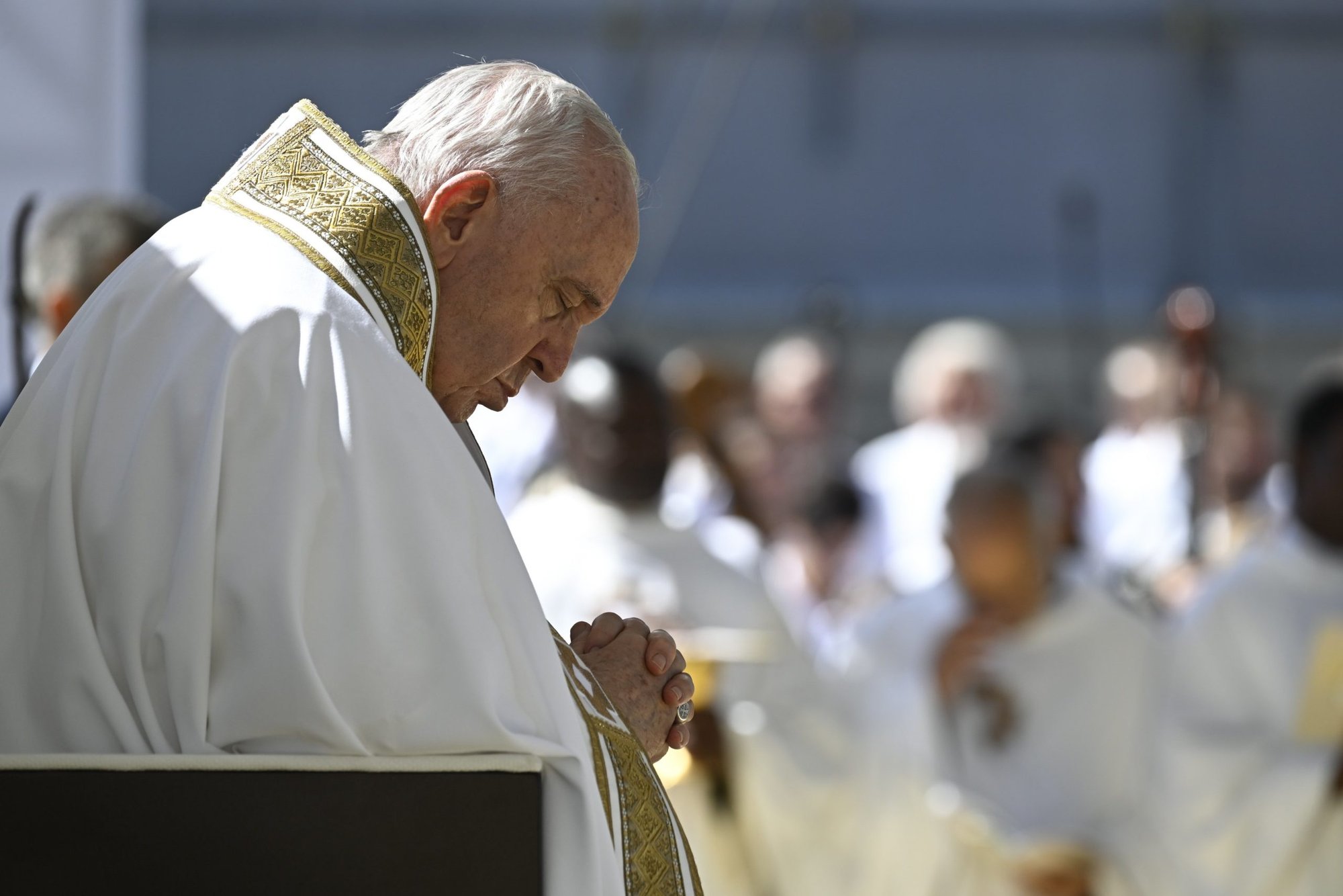 Pope Francis celebrates Mass outside the Basilica of Santa Maria di Collemaggio in L'Aquila, Italy, Aug. 28, 2022. (CNS photo/Vatican Media)