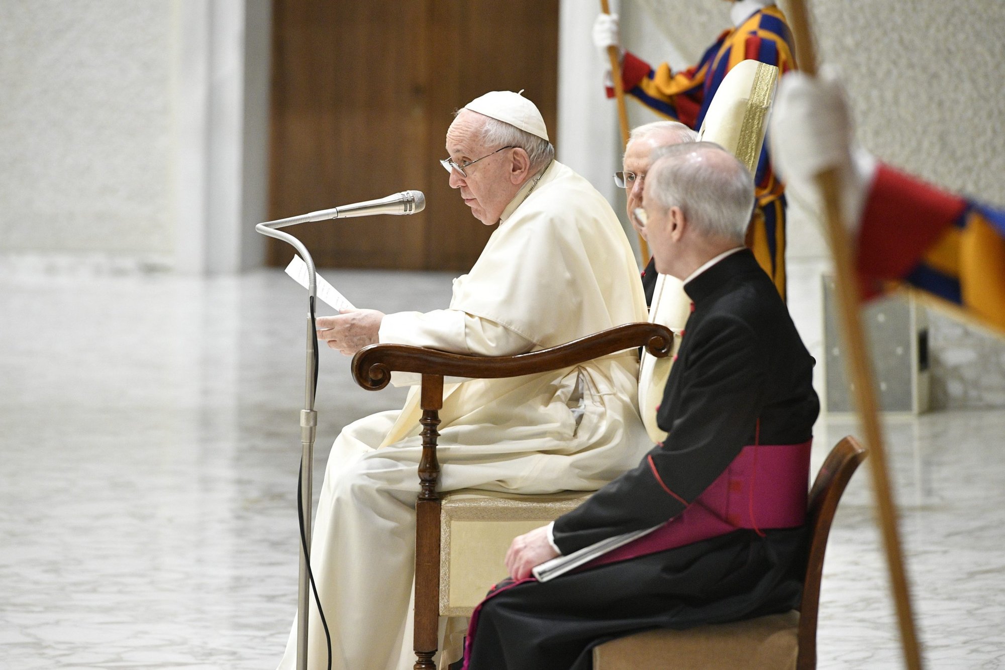Pope Francis speaks during his general audience in the Paul VI hall at the Vatican Aug. 31, 2022. (CNS photo/Vatican Media)