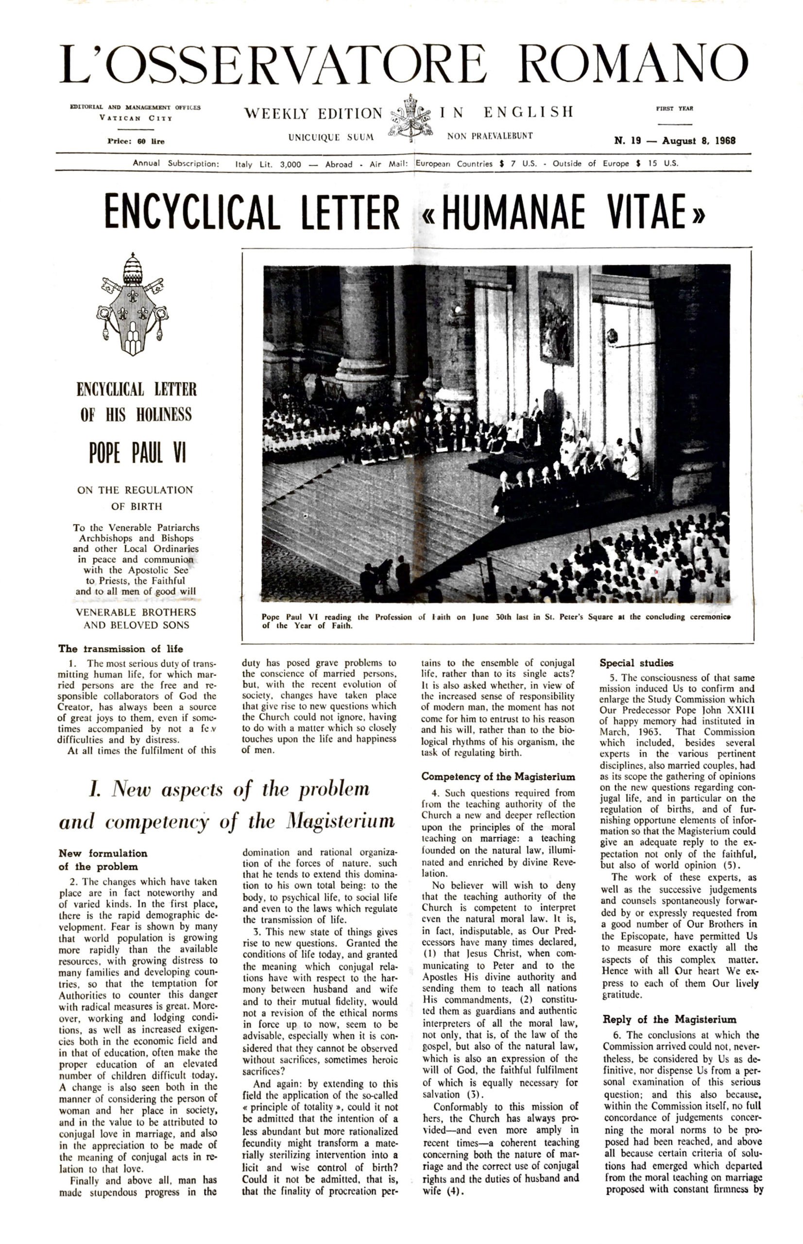 Humanae Vitae encyclical published in the Aug. 8, 1968 edition of L'Osservatore Romano newspaper. (Vatican Media)