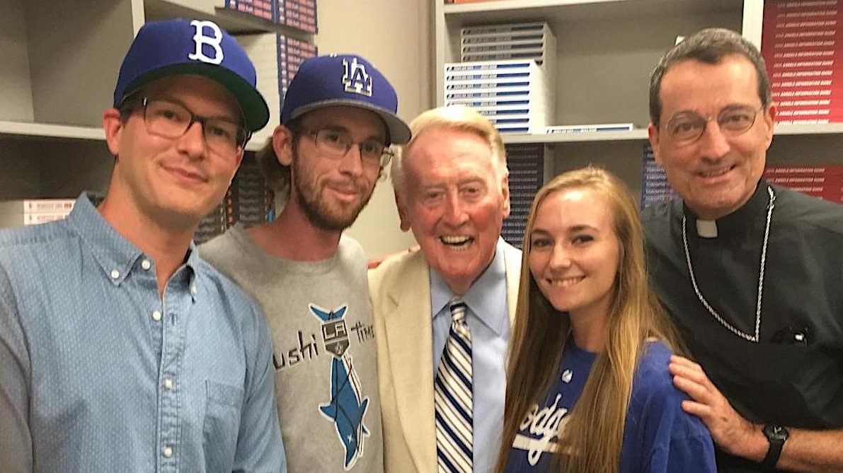 Left to right: J.P. Kaser, Kevin Brennan, Vin Scully, Amy Brennan, Bishop Joseph V. Brennan, at a Dodgers game in 2016. (Courtesy Robert Brennan)