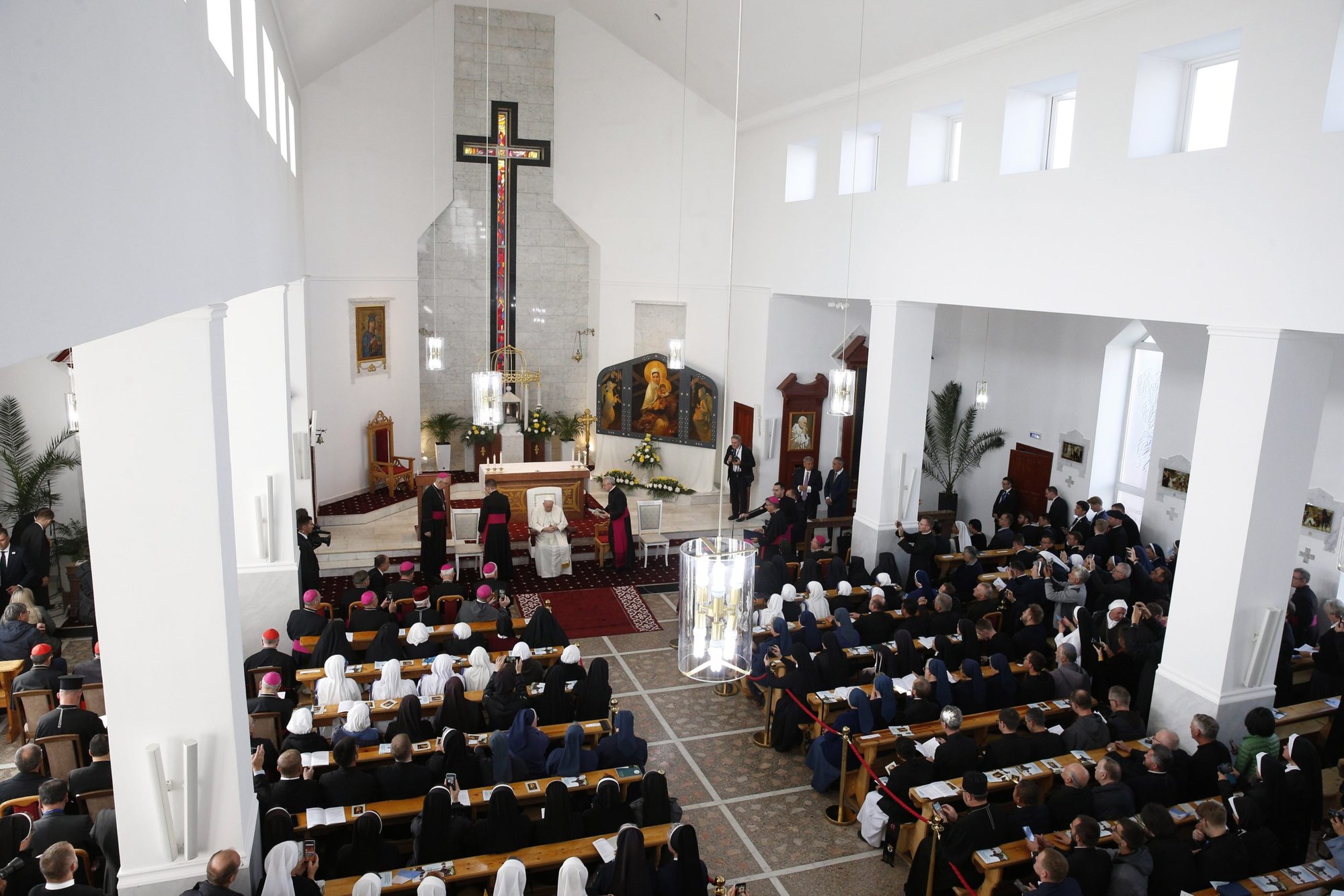 Pope Francis leads a meeting with bishops, priests, deacons, consecrated persons, seminarians and pastoral workers at the cathedral of Our Lady of Perpetual Help in Nur-Sultan, Kazakhstan, Sept. 15, 2022. (CNS photo/Paul Haring)