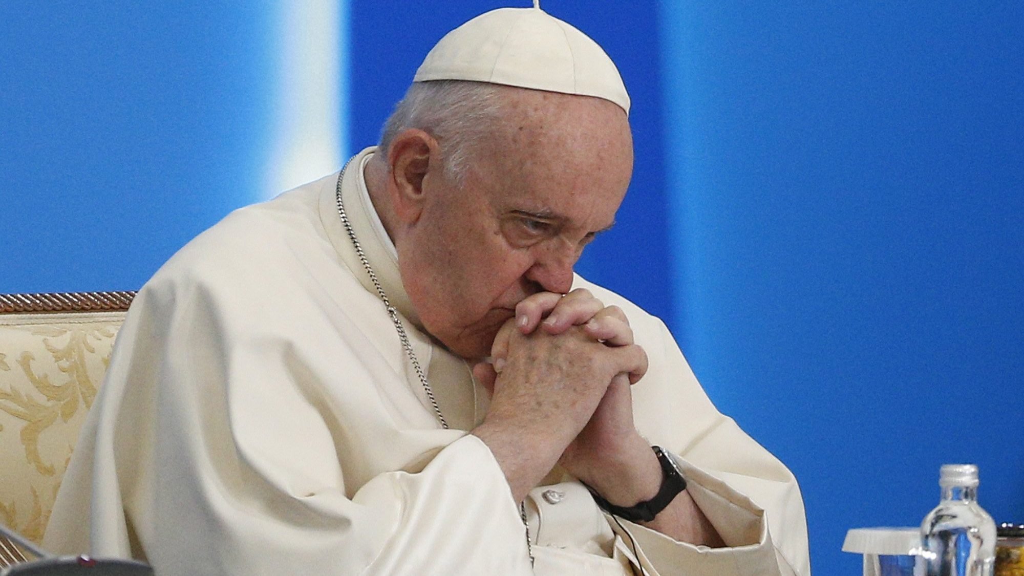 Pope Francis attends the reading of a final declaration during the conclusion of the Congress of Leaders of World and Traditional Religions at the Palace of Peace and Reconciliation in Nur-Sultan, Kazakhstan, Sept. 15, 2022. (CNS photo/Paul Haring)