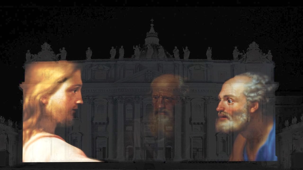 An artistic rendition shows a scene from an eight-minute film on the life and discipleship of St. Peter that will be projected onto the facade of St. Peter's Basilica. The short film, in Italian with English subtitles, will be shown every 15 minutes from 9 p.m. to 11 p.m. Oct. 2-16. (CNS photo/Basilica of St. Peter)