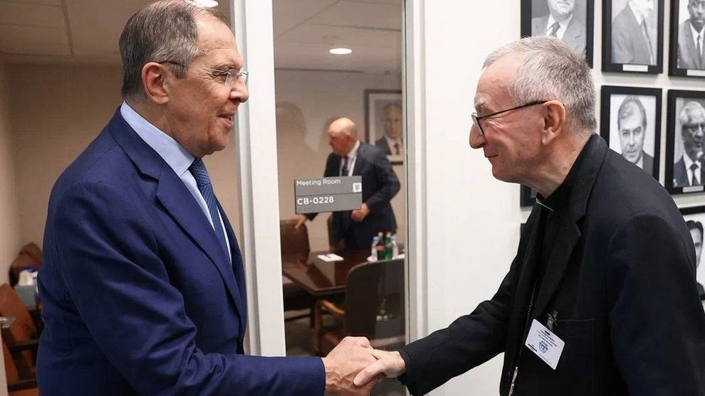 Cardinal Pietro Parolin, Vatican secretary of state, greets Russian Foreign Minister Sergey Lavrov on the sidelines of a United Nations meeting in New York City Sept. 22, 2022. (CNS screenshot/Russian Foreign Ministry via Twitter)