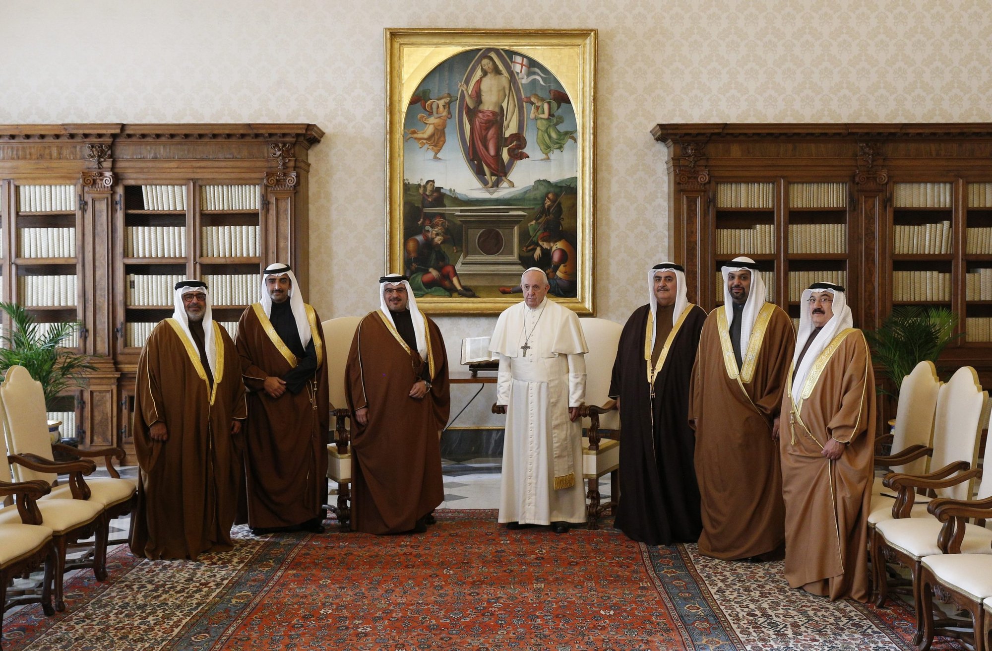 Pope Francis poses for a photo with Salman bin Hamad Al Khalifa, crown prince of Bahrain, (third from left) and his delegation during a private audience at the Vatican in this Feb. 3, 2020, file photo. Pope Francis' visit to Bahrain Nov. 3-6 will make him the first pope to visit the archipelago nation in the Persian Gulf. (CNS photo/Reuters)