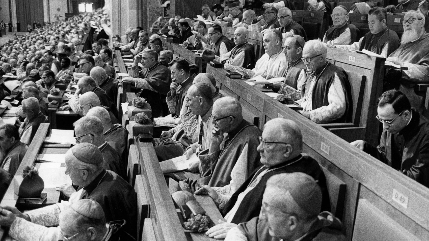 Bishops are pictured in a file photo during a Vatican II session inside St. Peter's Basilica at the Vatican. Marking the 60th anniversary of the opening of the Second Vatican Council, Cardinal Mario Grech, secretary-general of the Synod of Bishops, said that while "synodality" was not a term used by the council, it reflects the council's vision of the church. (CNS file photo)