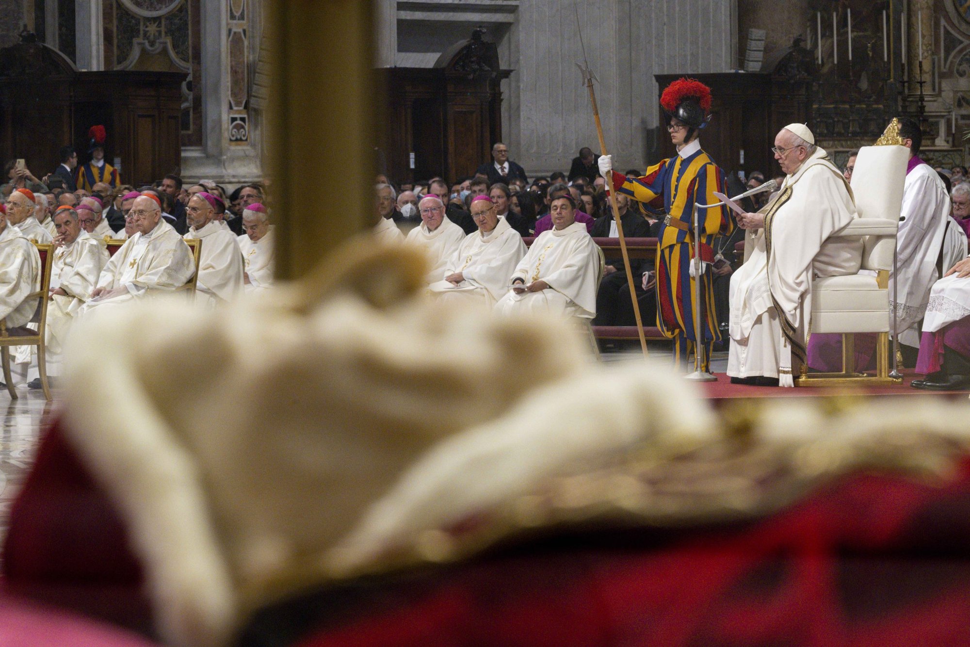 A glass urn containing the remains of St. John XXIII is pictured as Pope Francis delivers his homily as he celebrates Mass in St. Peter's Basilica Oct. 11, 2022, to mark the 60th anniversary of the opening of the Second Vatican Council. (CNS photo/Vatican Media)