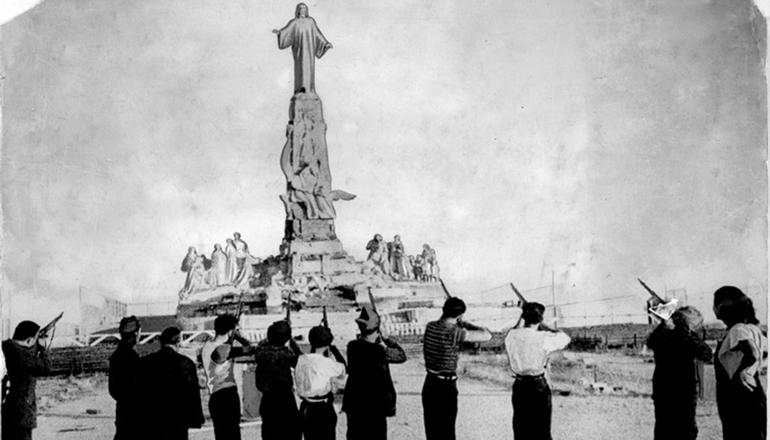 The "execution" of the Sacred Heart of Jesus by Communist militiamen at Cerro de los Ángeles near Madrid, on Aug. 7 1936, was the most infamous of the widespread desecration of religious property during the Spanish Civil War. The photograph in the London Daily Mail had the caption "Spanish Reds' war on religion". (UC San Diego Library via Wikimedia Commons)