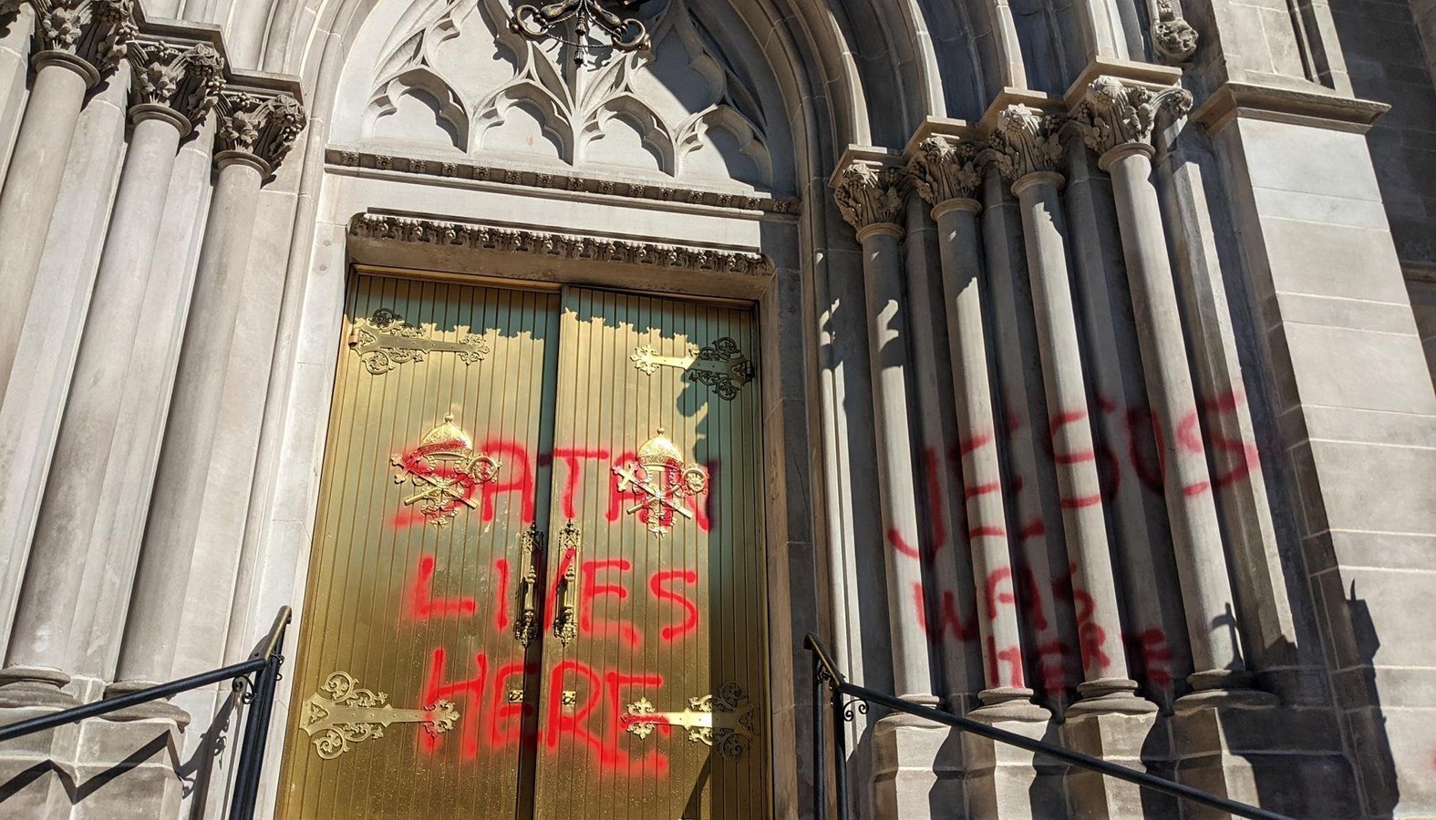 The Cathedral Basilica of the Immaculate Conception in Denver on Oct. 10, 2021, after it was vandalized. (CNS /Courtesy Archdiocese of Denver)