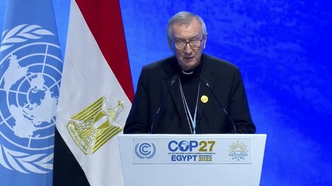 Cardinal Pietro Parolin, Vatican secretary of state, addresses COP27, the 27th Conference of the Parties of the U.N. Framework Convention on Climate Change, in Sharm el-Sheikh, Egypt, Nov. 8, 2022. (CNS screenshot/UNFCCC)