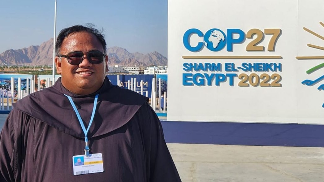 Father Angelito Andig Cortez from the Philippines, representing the Franciscan delegation, poses at COP27 in Sharm el-Sheikh, Egypt, Nov. 7, 2022. (CNS photo/courtesy Father Angelito Andig Cortez)