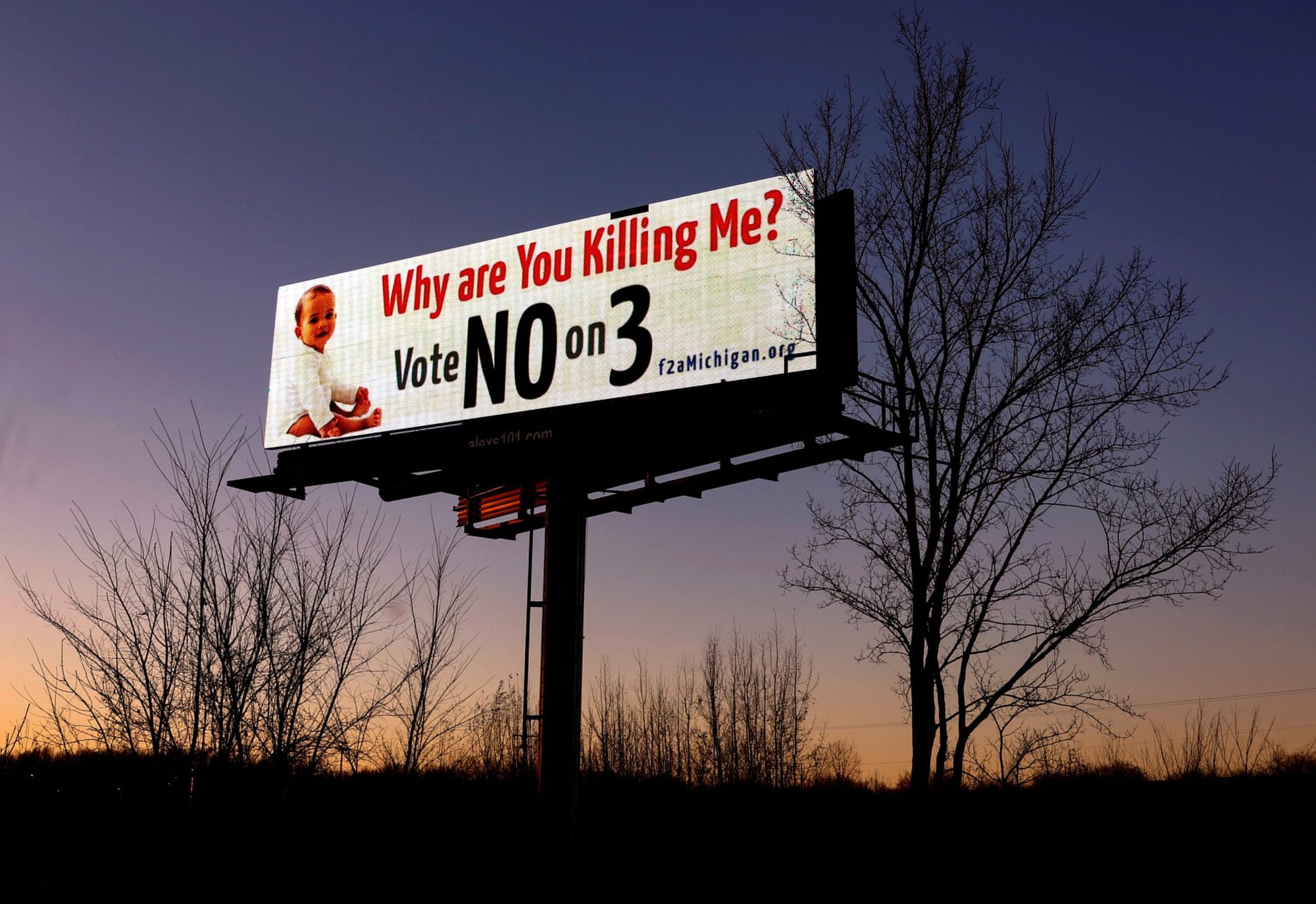 A Michigan billboard against Proposal 3, a ballot measure to codify a right to an abortion, is seen along I-75 outside of Detroit Nov. 6, 2022. Voters approved the measure in the Nov. 8 midterm election. (CNS photo/Evelyn Hockstein, Reuters)