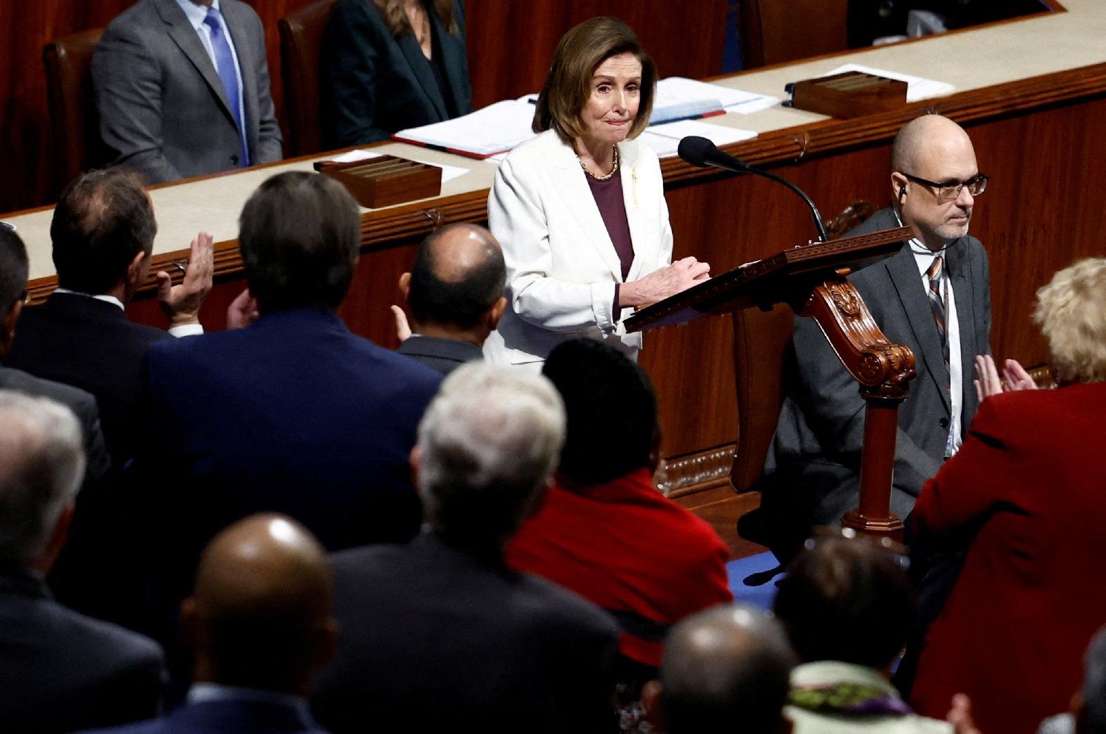 House Speaker Nancy Pelosi, D-Calif., reacts to the applause of her colleagues Nov. 17, 2022, after announcing that she will remain in Congress but will not run for reelection as Speaker. She announced her decision on the floor of the House Chamber of the U.S. Capitol in Washington after Republicans were projected to win control of the U.S. House. (CNS photo/Evelyn Hockstein, Reuters)