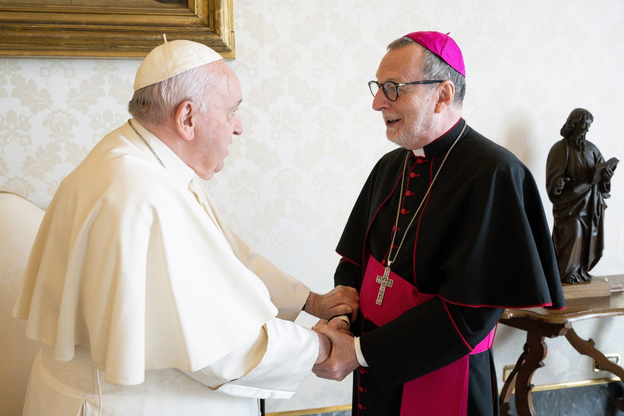 Pope Francis meets Archbishop Claudio Gugerotti in the library of the Apostolic Palace Oct. 7, 2022. Pope Francis named the archbishop prefect of the Dicastery for Eastern Churches Nov. 21. The archbishop had been the apostolic nuncio to Great Britain. (CNS photo/Vatican Media)
