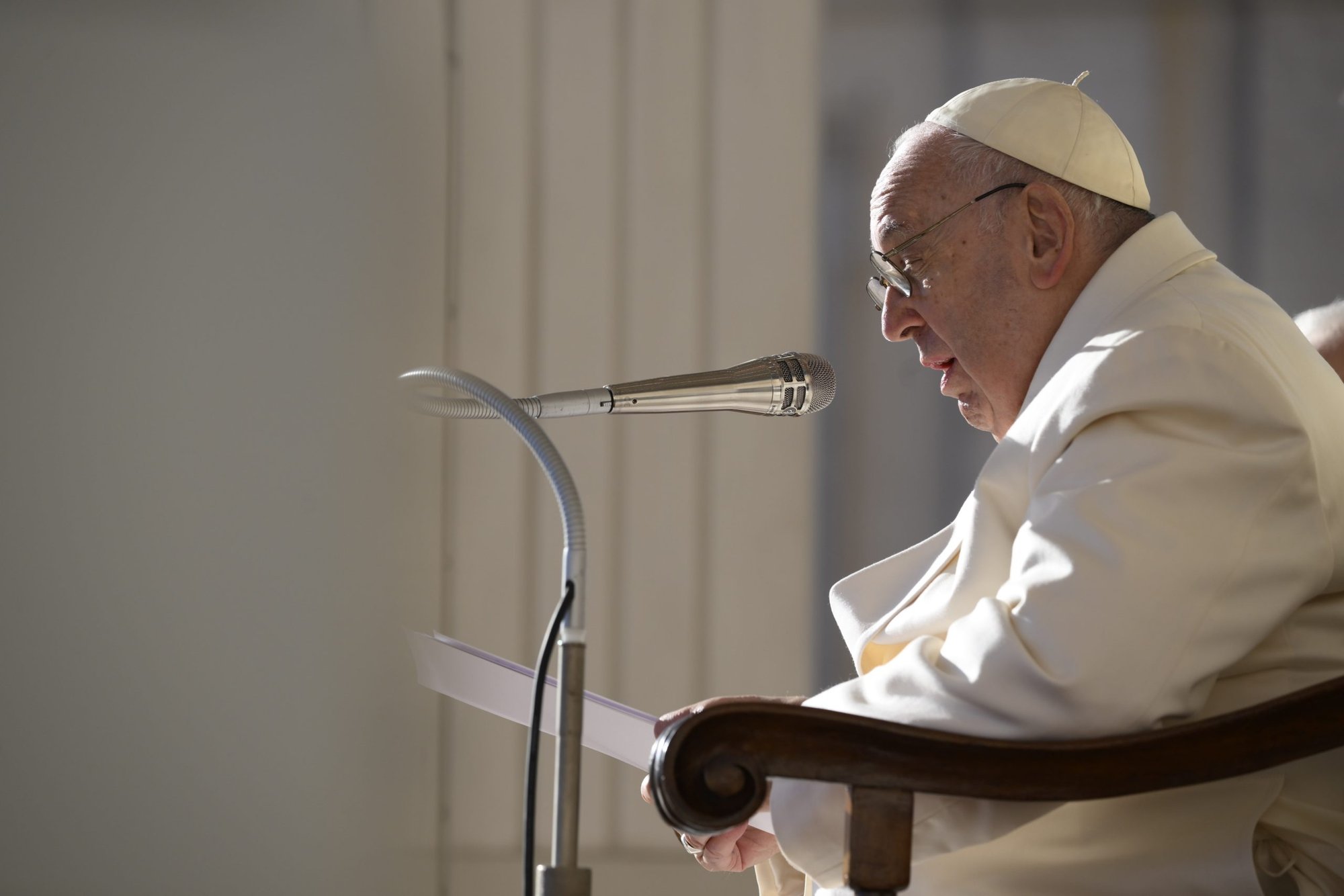 Pope Francis, speaking at his weekly general audience Nov. 23, 2022, prayed for peace in Ukraine and remembered the millions of Ukrainian victims of the 1932-33 Holodomor, a Soviet-engineered famine. (CNS photo/Vatican Media)