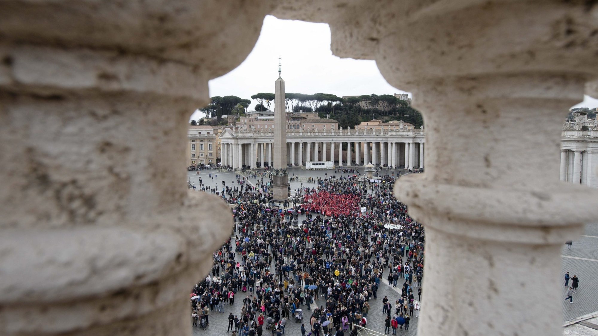 Some 20,000 visitors gather in St. Peter's Square to pray the Angelus with Pope Francis Feb. 26, 2023. (CNS photo/Vatican Media)