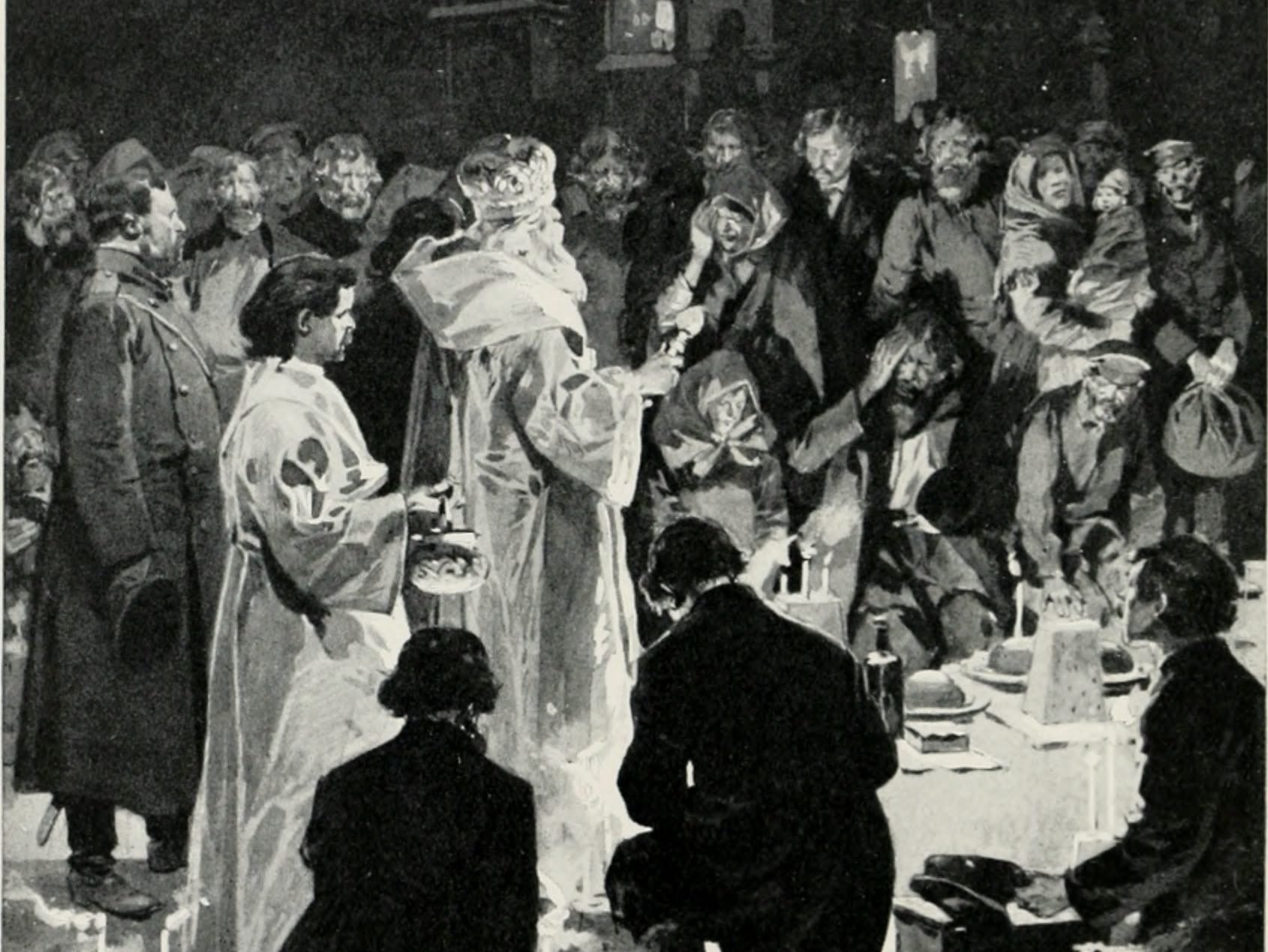 “Easter Eve,” priest blessing the first food after the Lenten fast outside a church, by Frédéric de Haenen, 1853-1928, Dutch. (Wikimedia Commons)