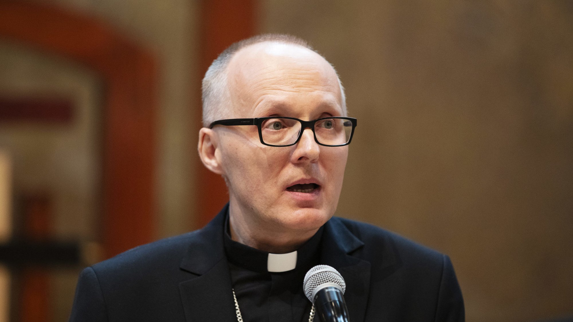 Father Slawomir Szkredka speaks during a press conference announcing the four LA priests as new auxiliary bishops for the Archdiocese of Los Angeles. (Victor Alemán)