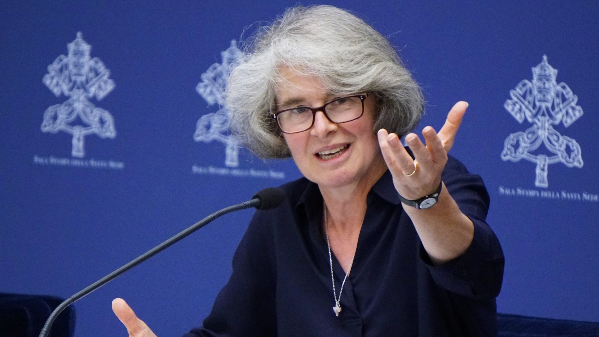 Xavière Missionary Sister Nathalie Becquart, undersecretary of the synod, responds to a question during a news conference at the Vatican Sept. 8, 2023. (CNS/Justin McLellan)