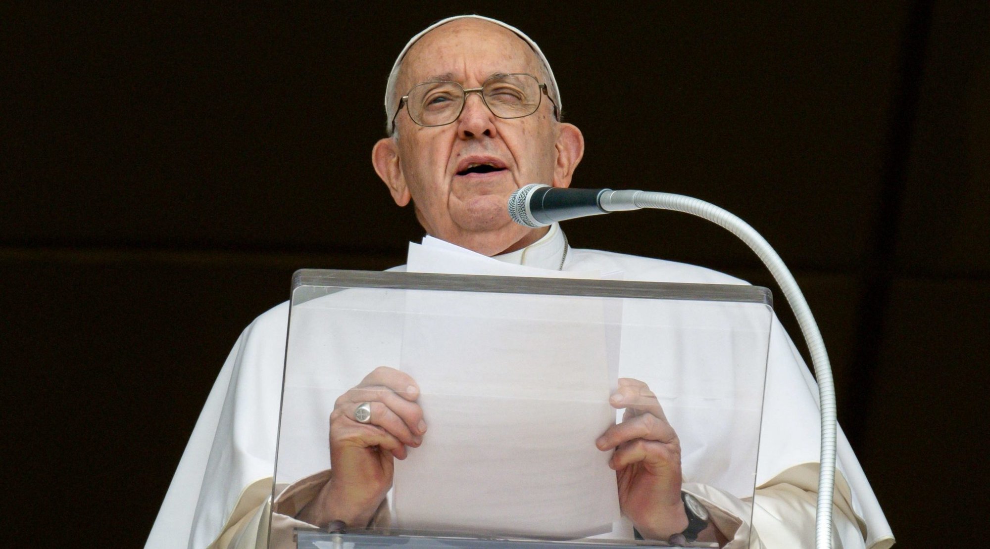 Pope Francis addresses visitors in St. Peter's Square at the Vatican before praying the Angelus Sept. 17, 2023. (CNS photo/Vatican Media)