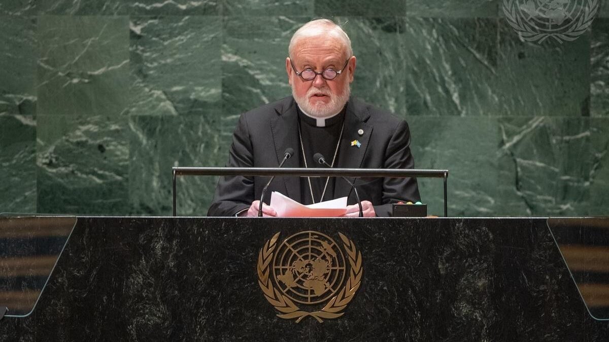 Archbishop Paul R. Gallagher, the Vatican's foreign minister, speaks at the opening session of the U.N. General Assembly in New York Sept. 26, 2023. (CNS/Cia Pak, UN photo)