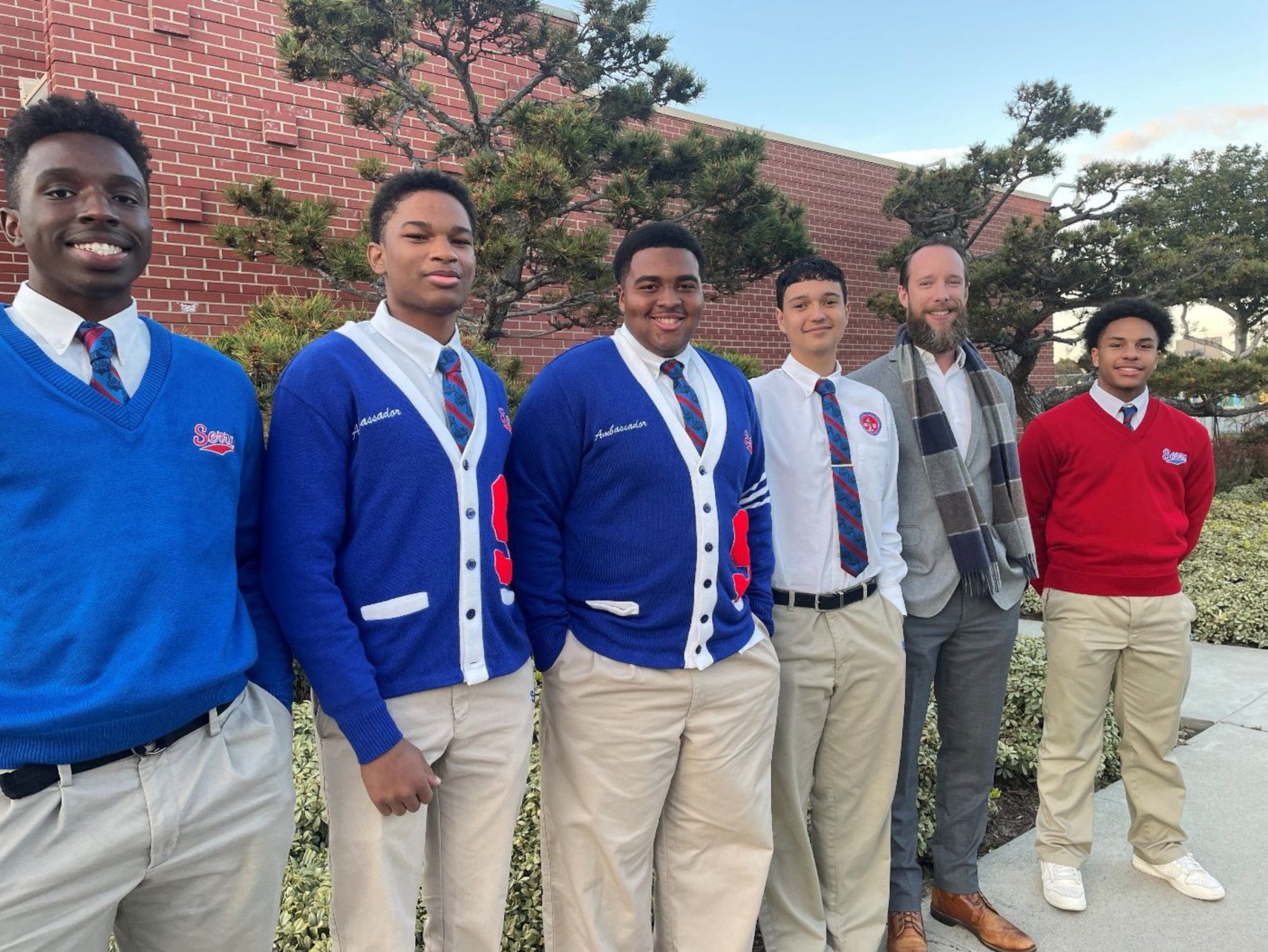 Junipero Serra High School students Henry Toler, Anderson Pecot, Travis Leonard, Christopher Holbert, and Isaiah Dunn — along with their science teacher, Kenneth Irvine — participated in a special NASA project where their experiment was sent to the International Space Station. (Courtesy Serra High School)