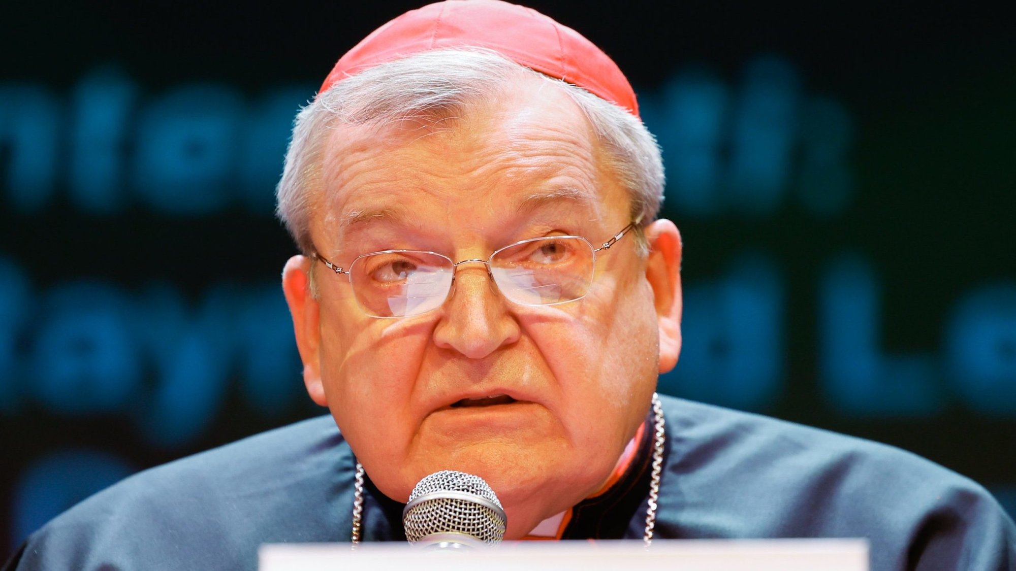 U.S. Cardinal Raymond L. Burke participates at a conference, "The Synodal Babel," at the Ghione Theater in Rome Oct. 3, 2023. (CNS/Lola Gomez)